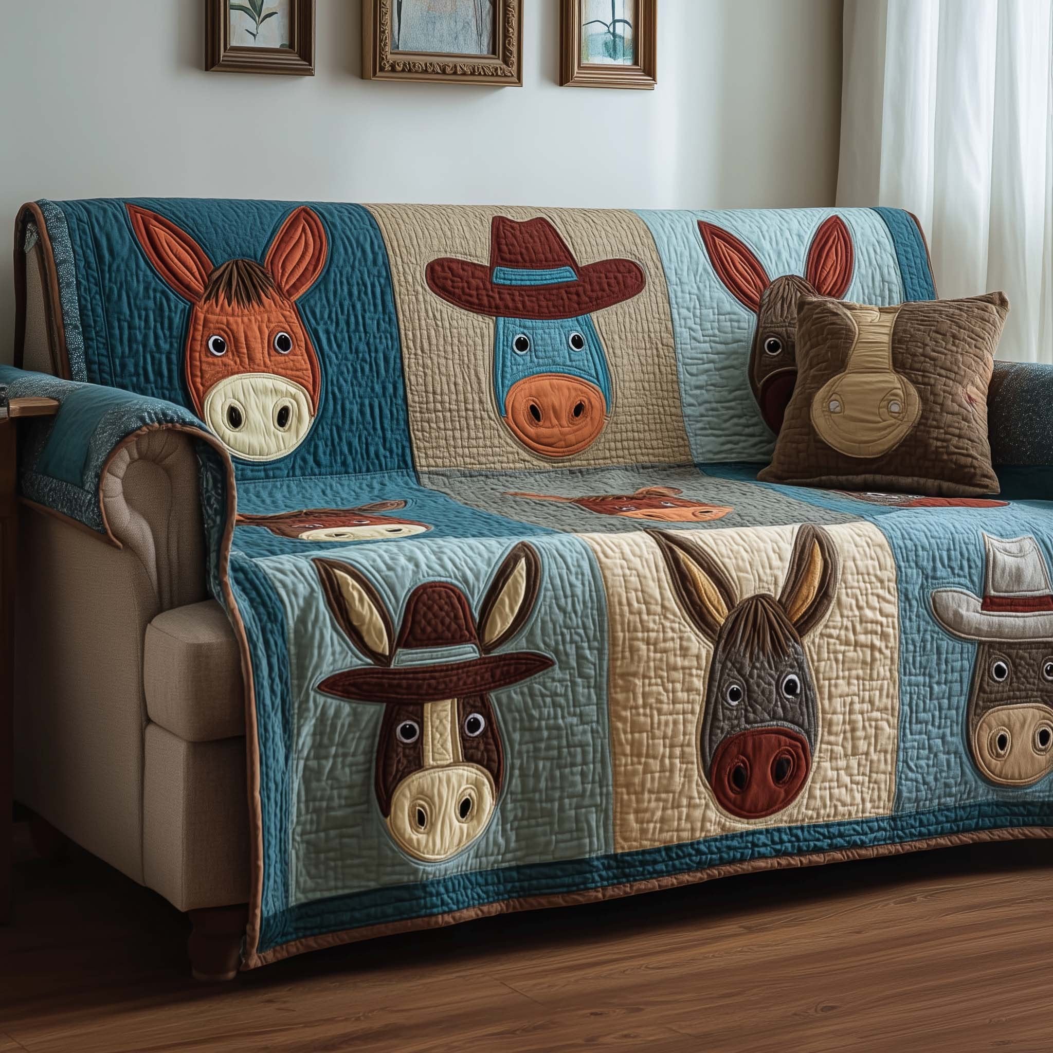 Donkey Faces on Blue and Cream Sofa Cover