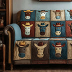 Cows and Donkeys in Hats on Blue Sofa Cover
