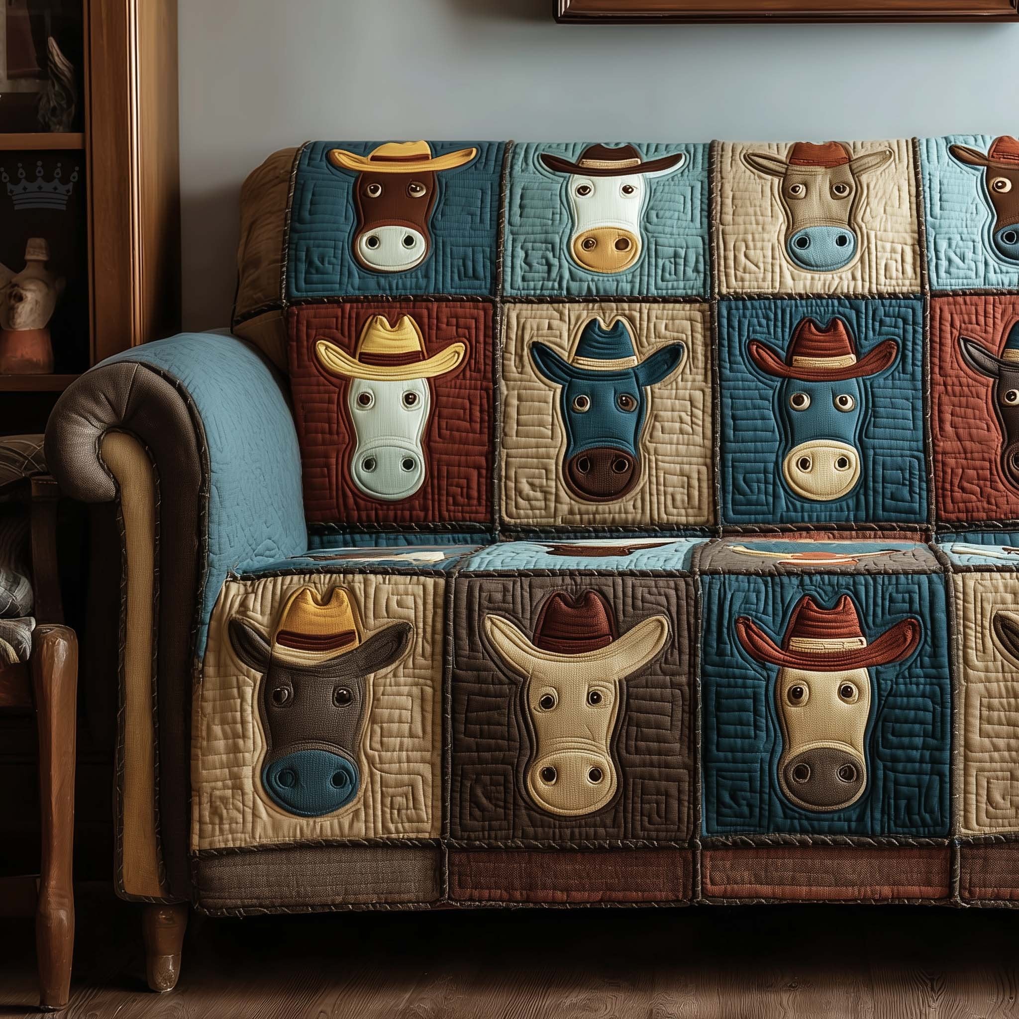 Cows and Donkeys in Hats on Blue Sofa Cover