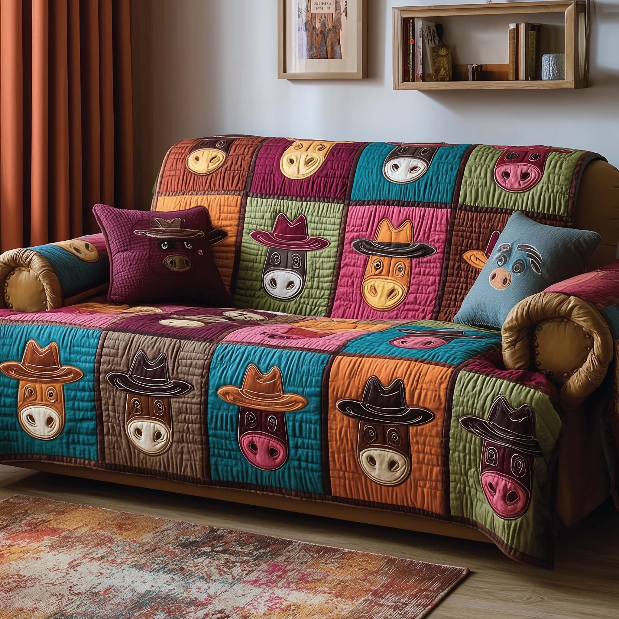 Farm Faces on Orange and Teal Patches Sofa Cover