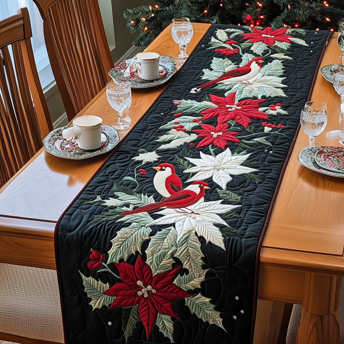 Poinsettias and Bird on Black Table Runner