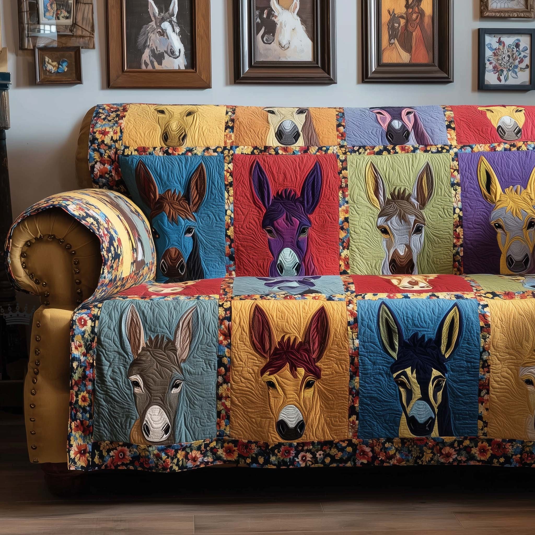 Donkey Faces on Red and Blue Patches Sofa Cover