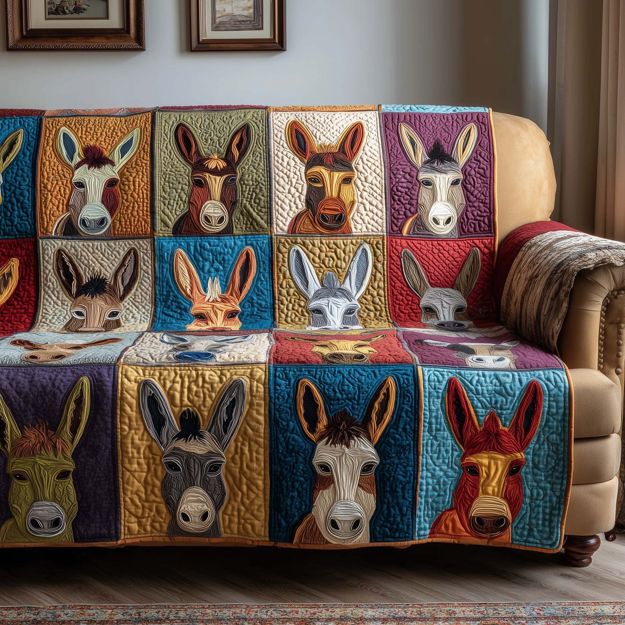 Donkey Faces on Blue and Gold Squares Sofa Cover