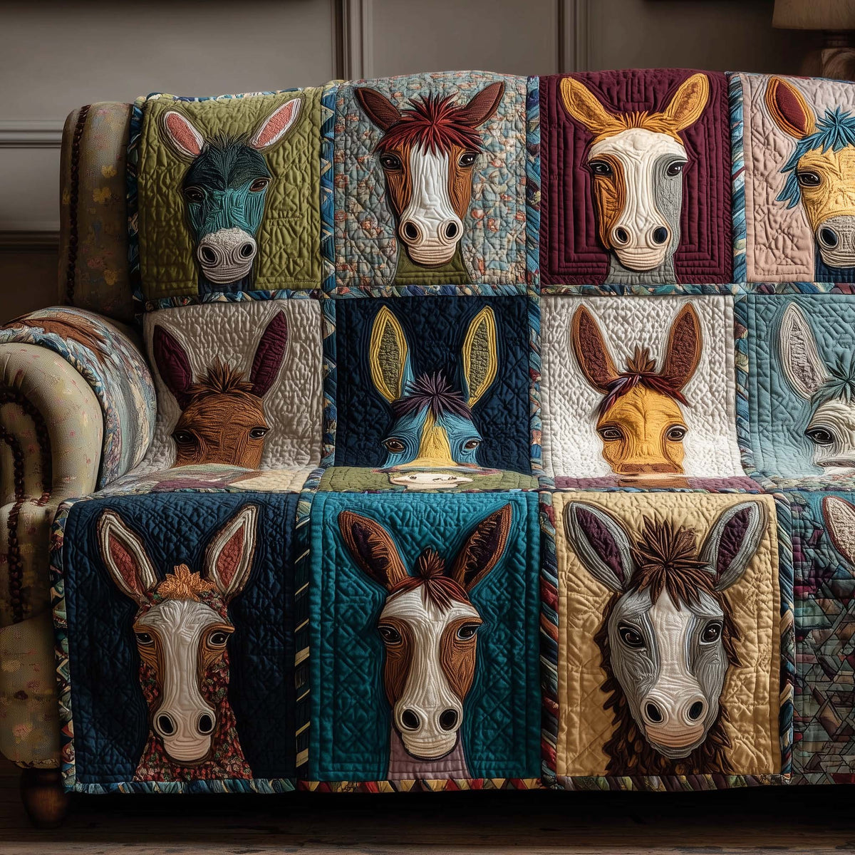Brown Donkeys on Teal and Beige Sofa Cover