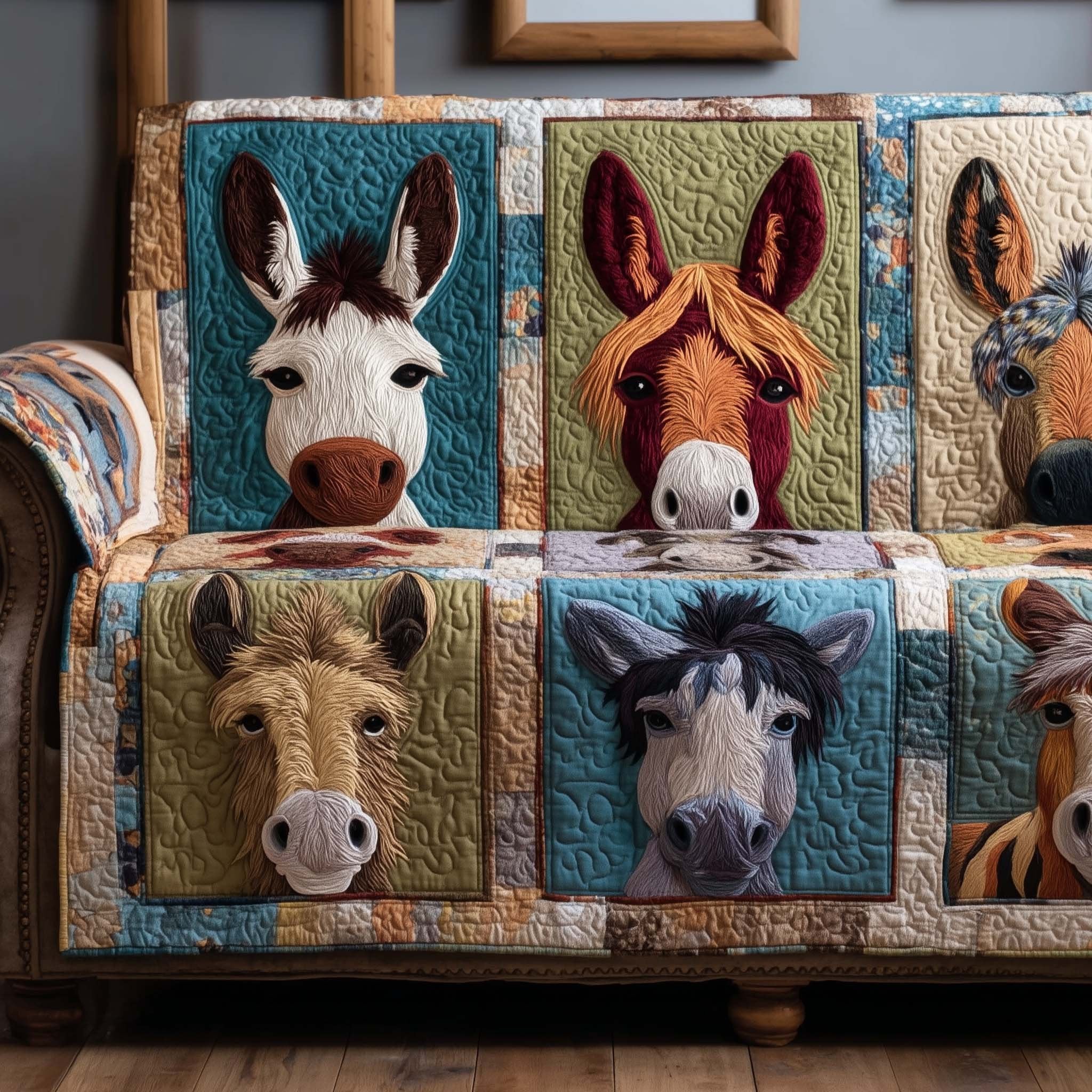 Donkey and Horse Faces Peeking Over Blue Sofa Cover