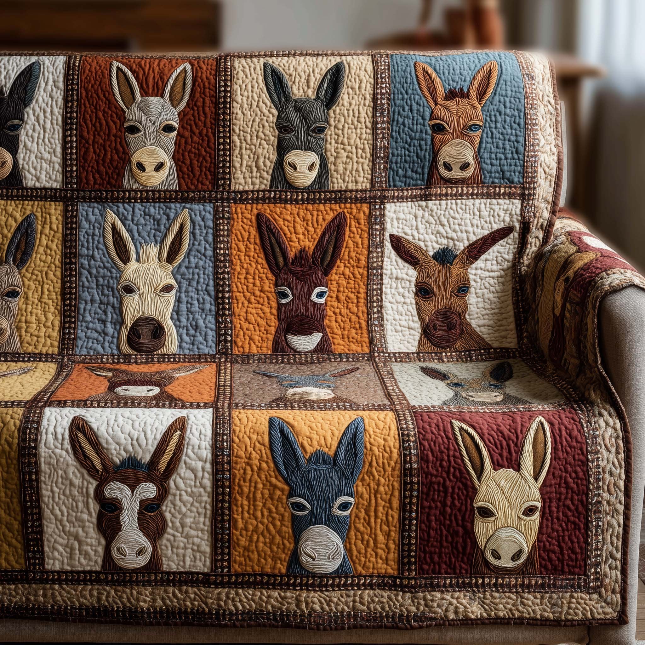 Donkey Faces on Brown and Blue Squares Sofa Cover
