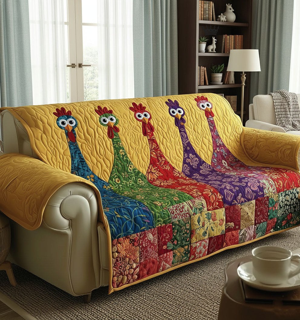 Rainbow Chickens on Scrappy Patchwork Sofa Cover