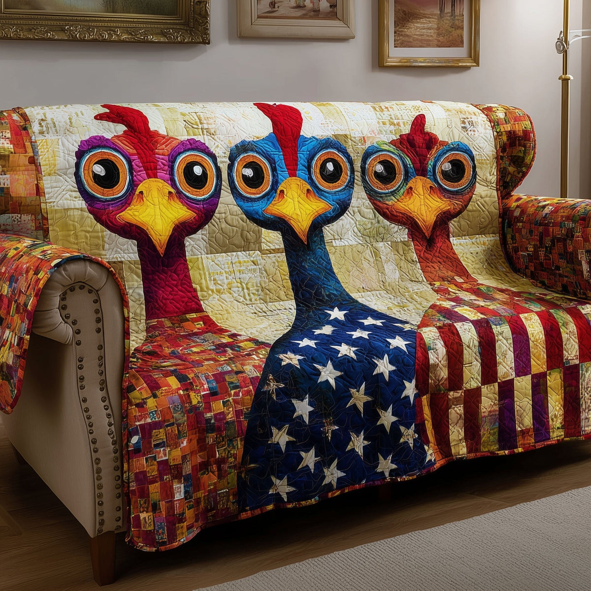Chickens Over the Stars and Stripes Sofa Cover