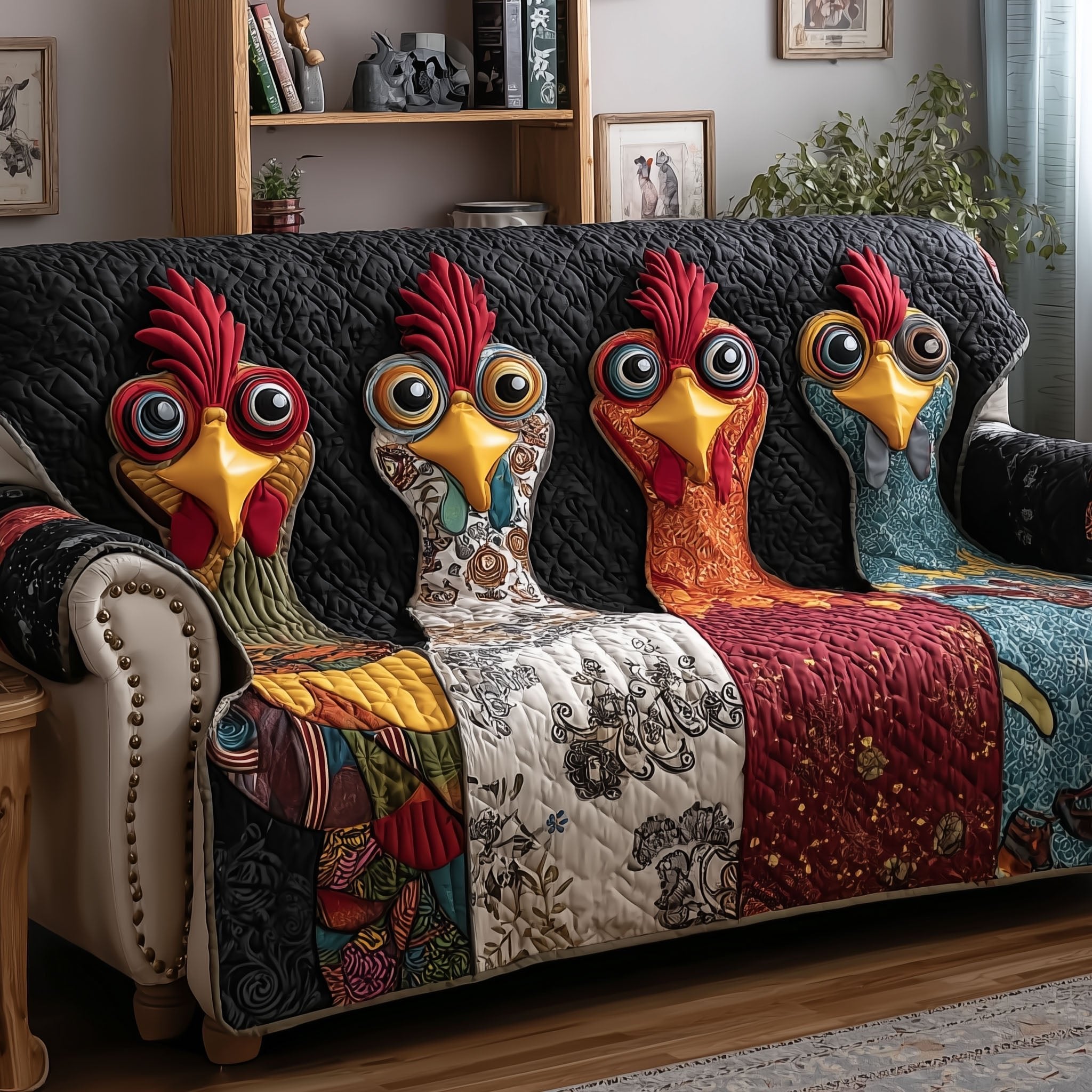 Chicken Heads on Red and Cream Blocks Sofa Cover
