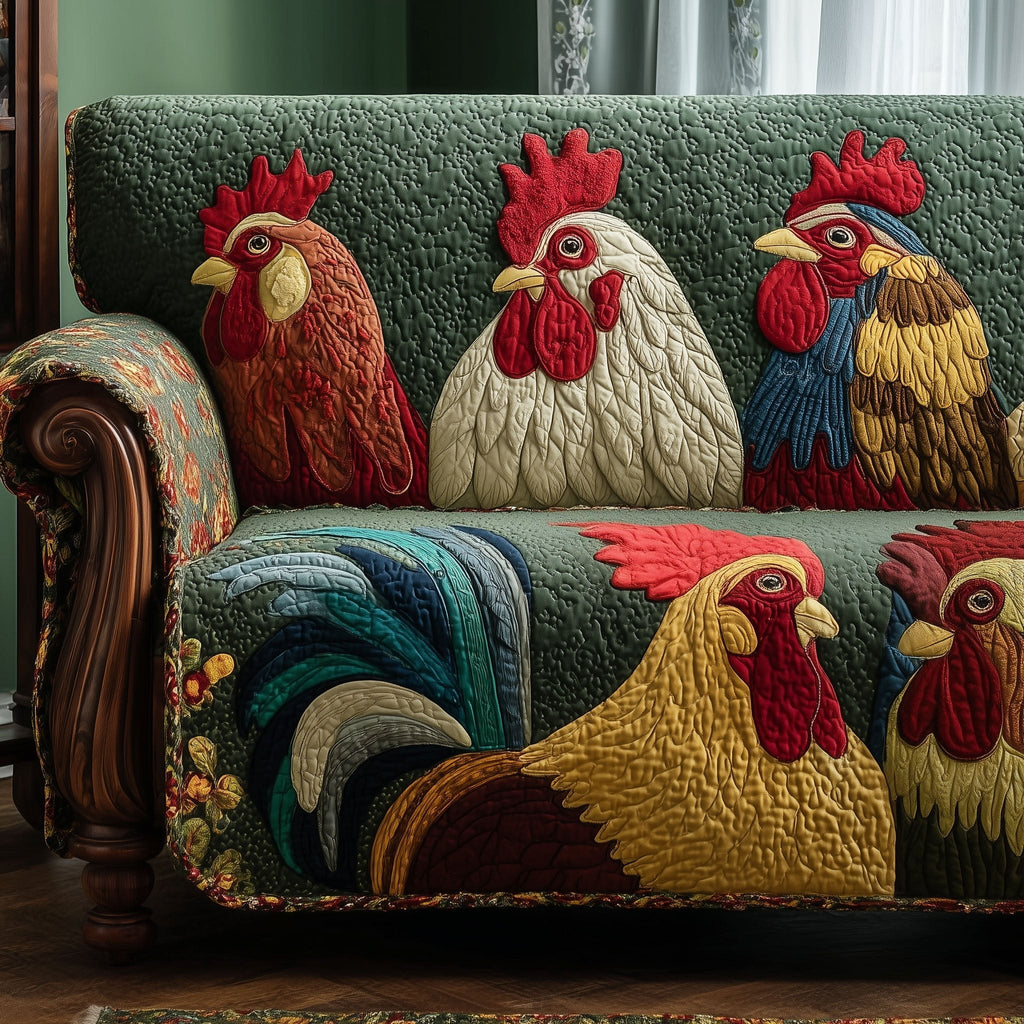 Rooster and Hens on Deep Teal Sofa Cover
