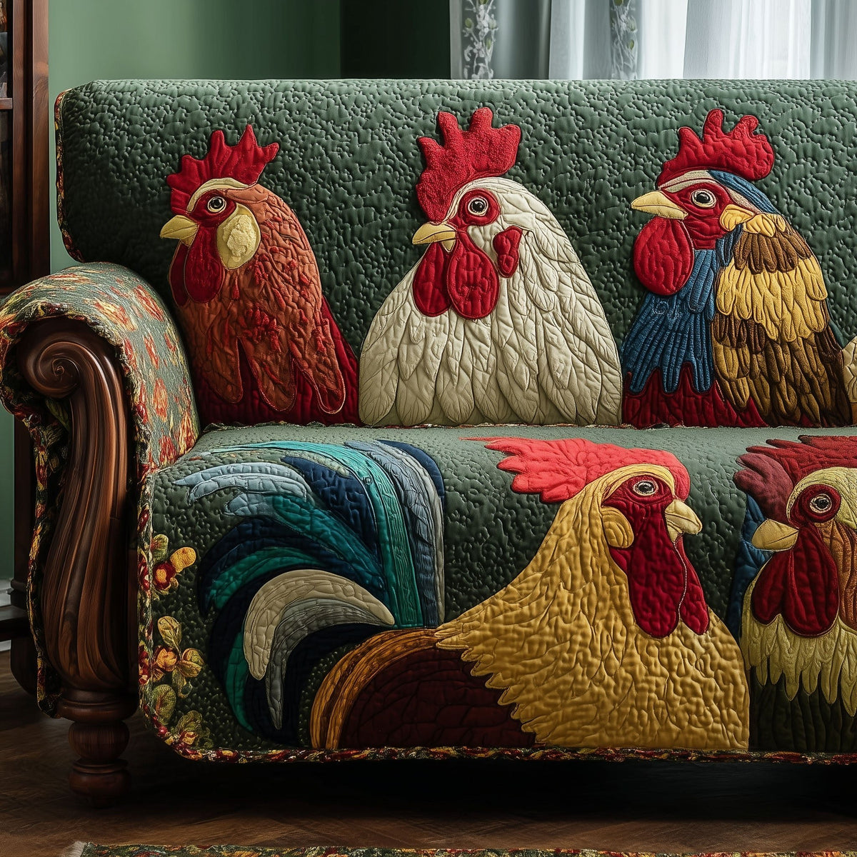 Rooster and Hens on Deep Teal Sofa Cover