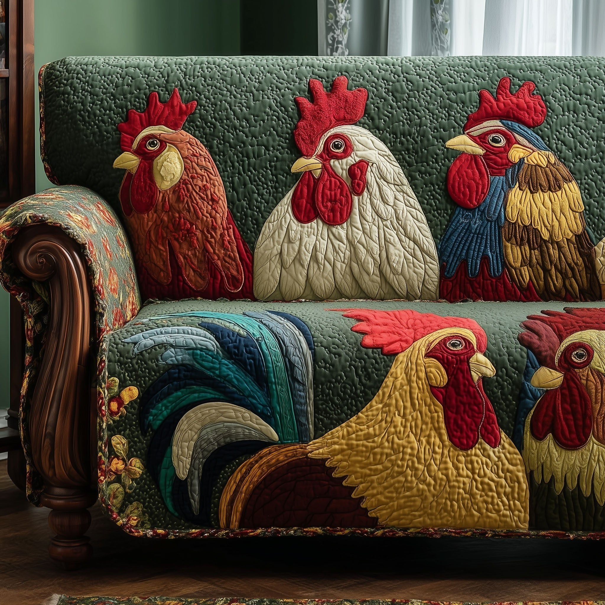 Rooster and Hens on Deep Teal Sofa Cover