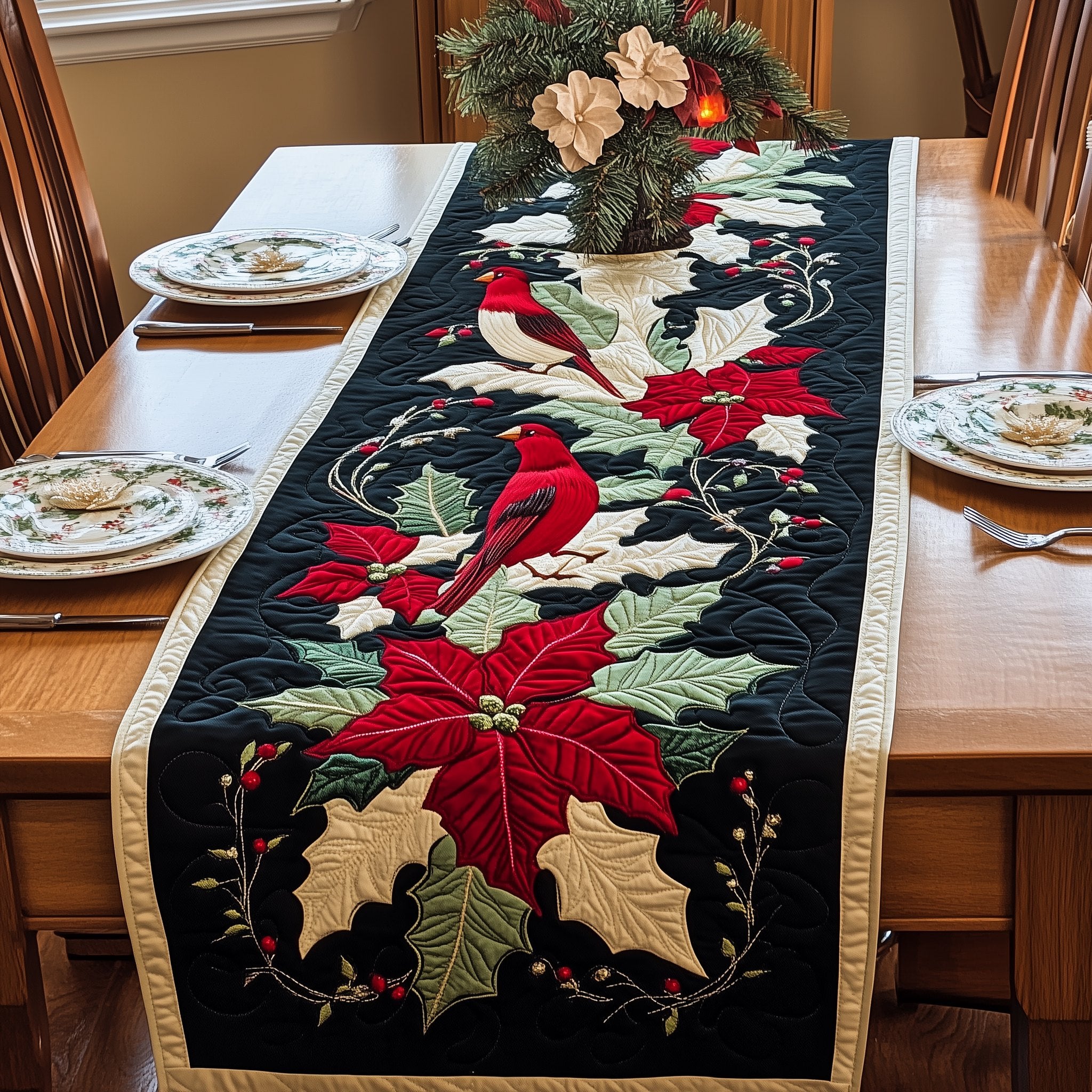 Cardinal with Poinsettia on Black Table Runner