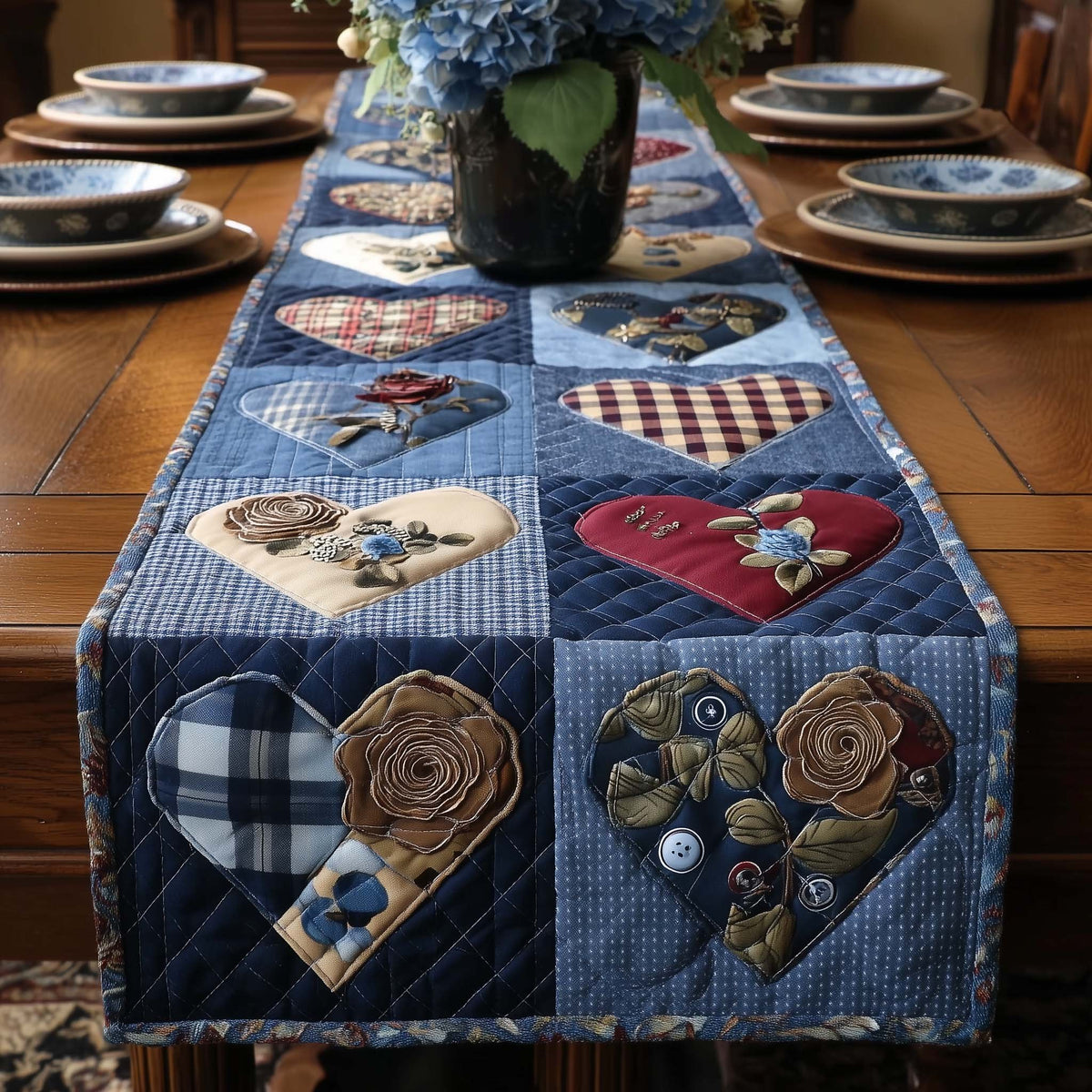 Hearts on Denim Blue Blocks Table Runner