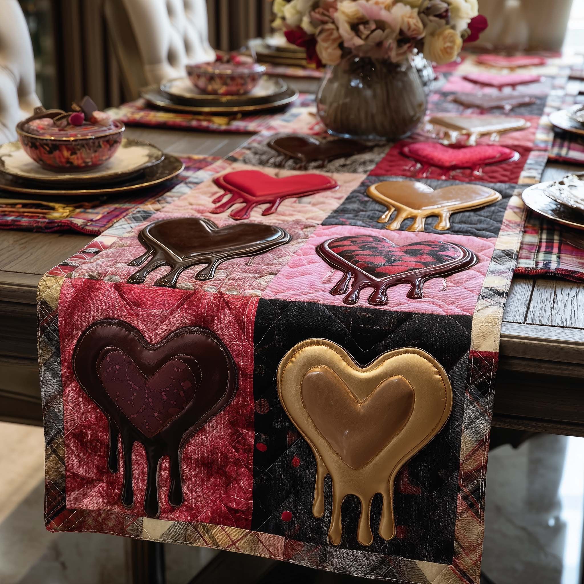 Glossy Hearts in Pink and Gold Table Runner