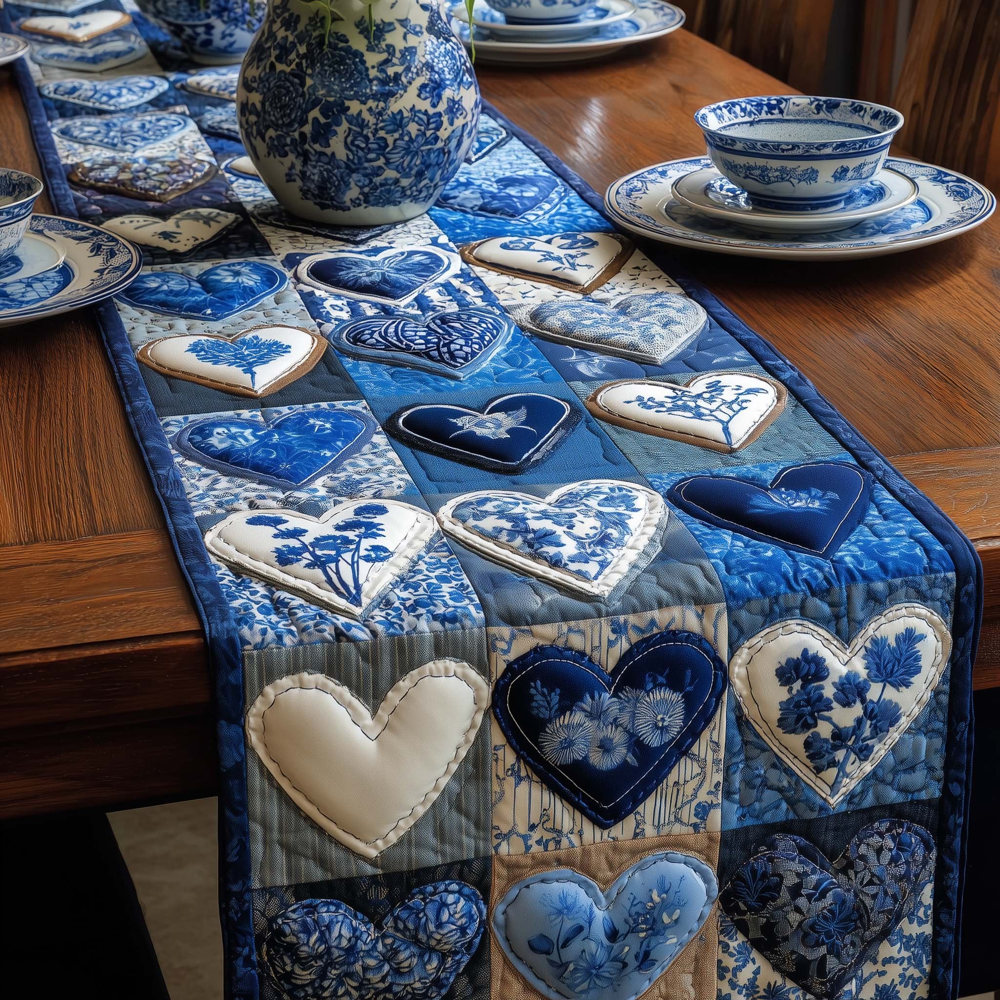 Blue and White Porcelain Hearts Table Runner