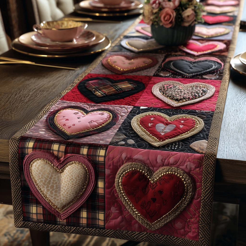 Hearts in Plaid and Floral Blocks Table Runner