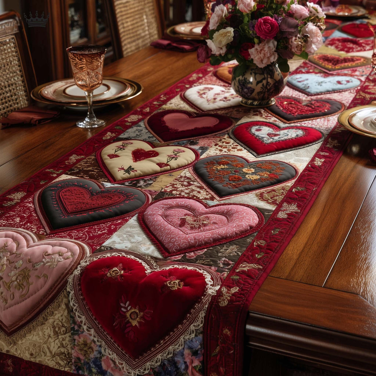Red Hearts in Patchwork Blocks Table Runner