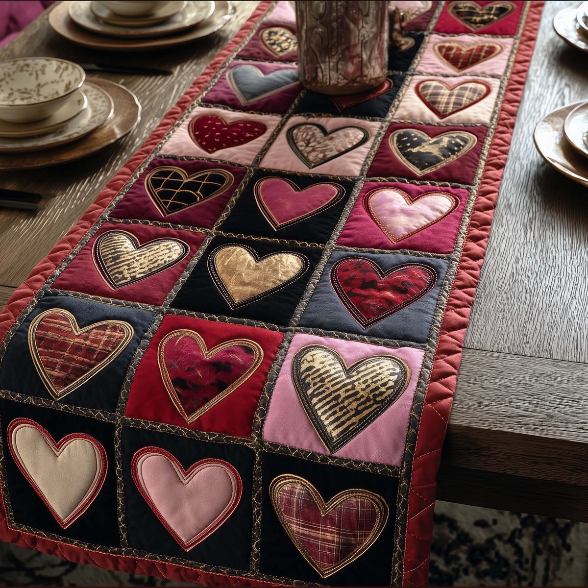 Pink and Cream Hearts on Black Table Runner