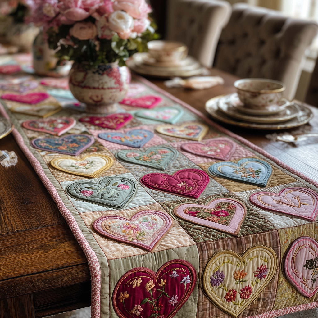 Embroidered Hearts on Cream Blocks Table Runner