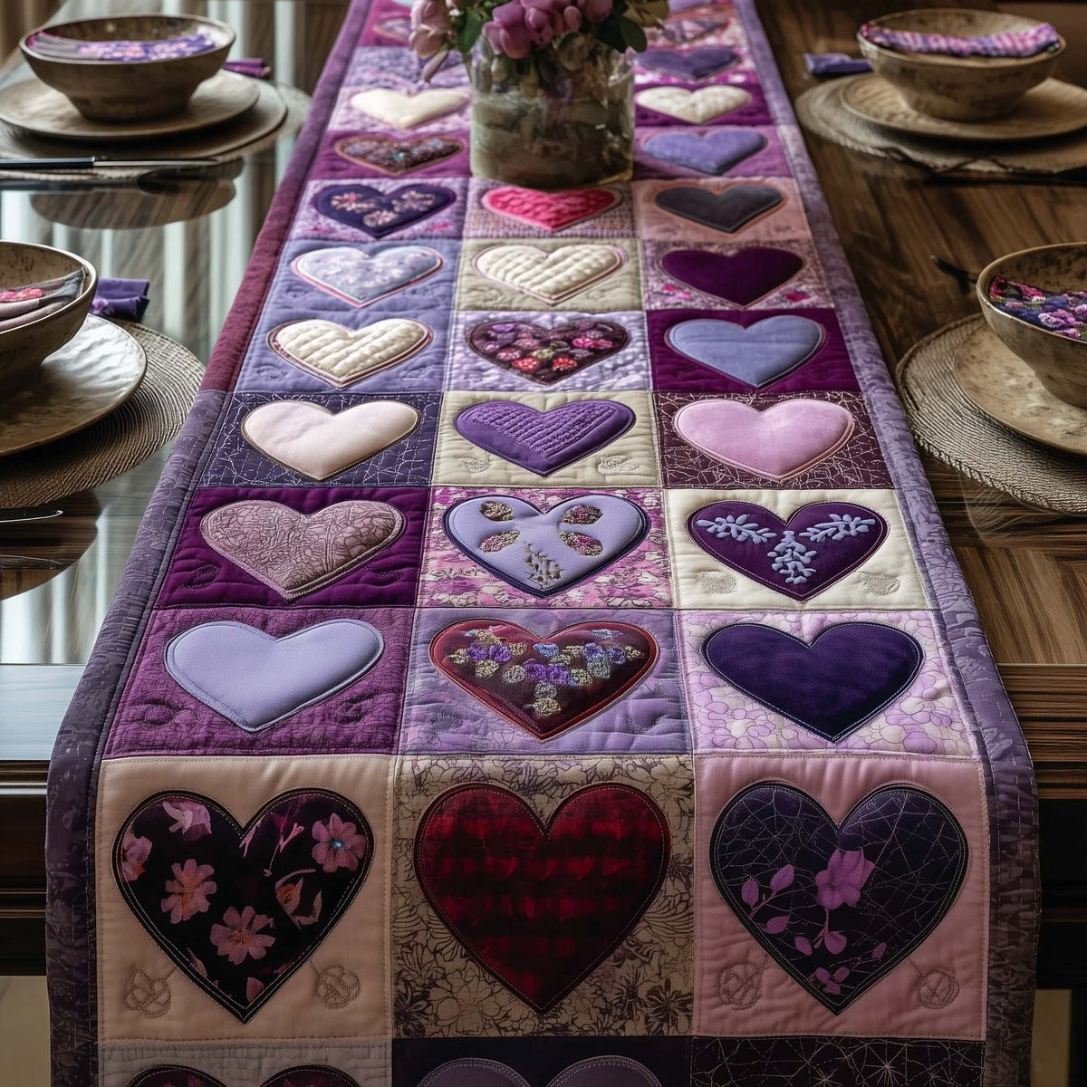 Purple Hearts in Quilt Blocks Table Runner