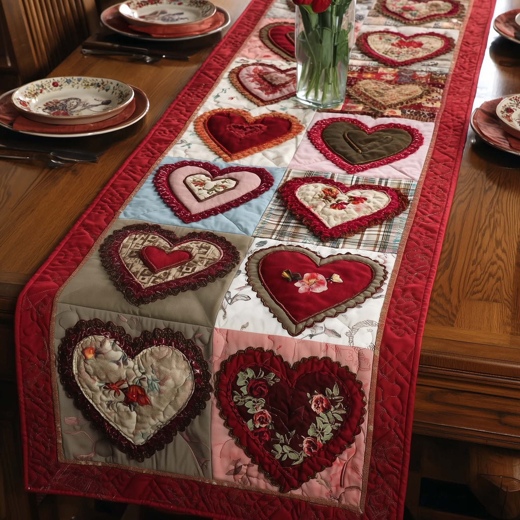 Red and Cream Heart Squares Table Runner