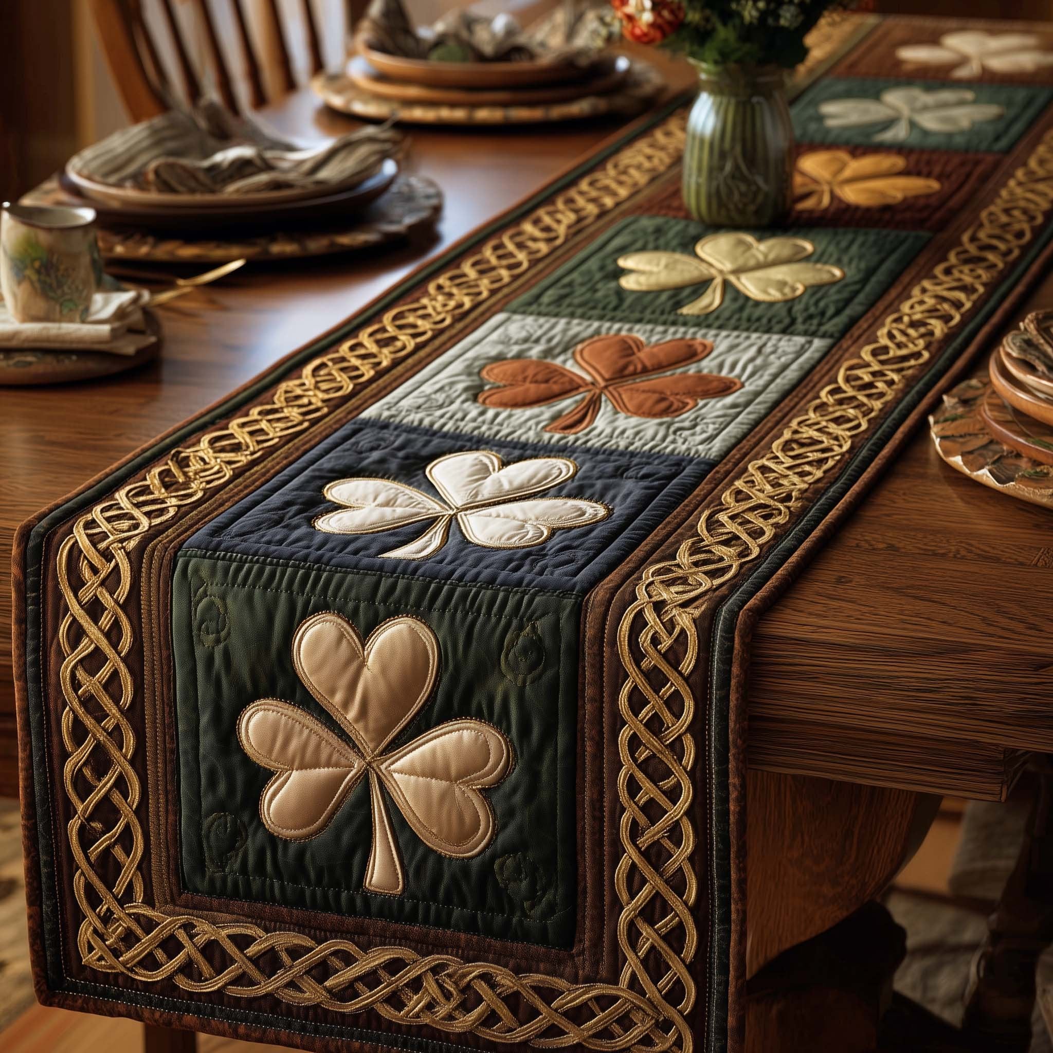 Cream Shamrocks with Knotwork Border Table Runner