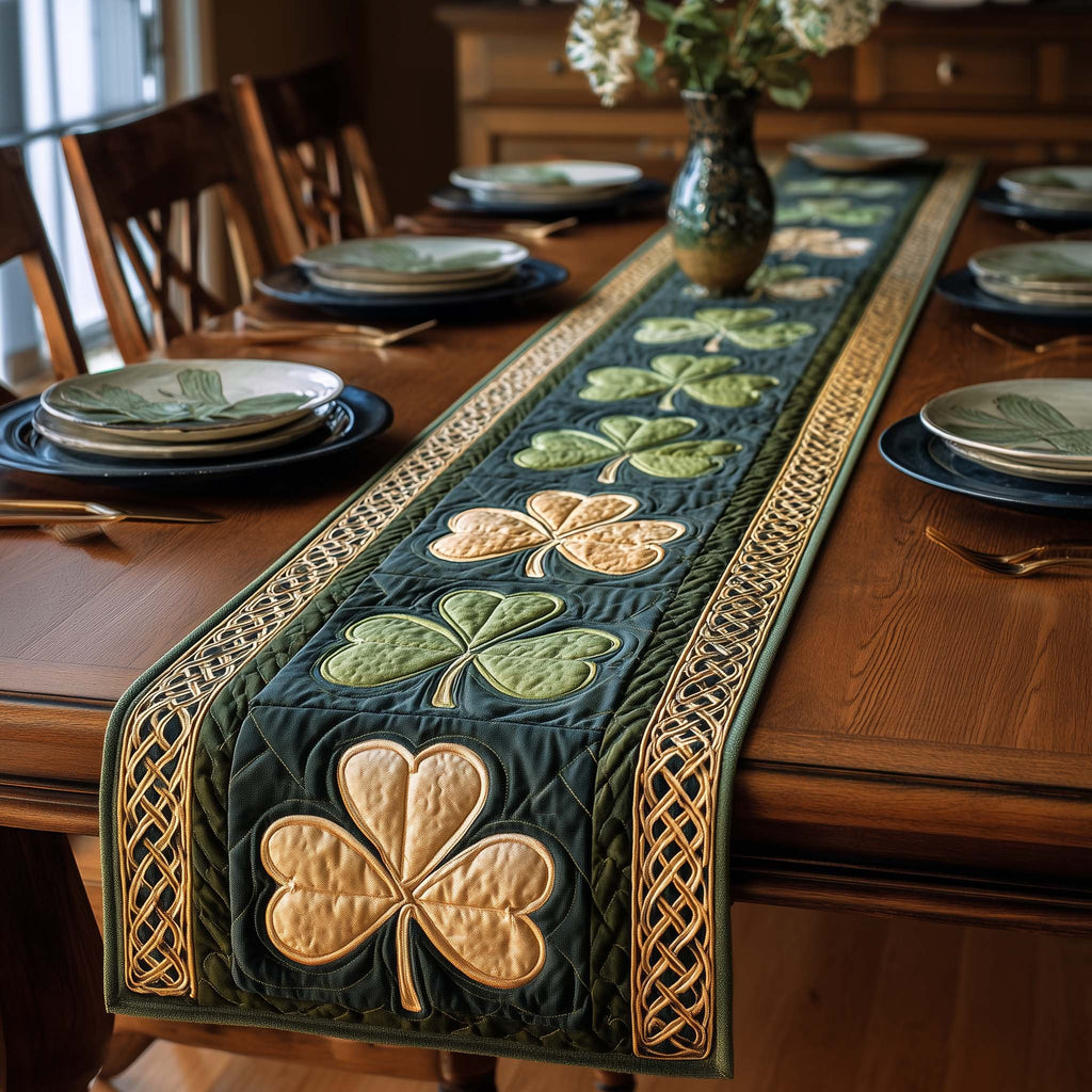 Gold Shamrocks on Dark Green Table Runner