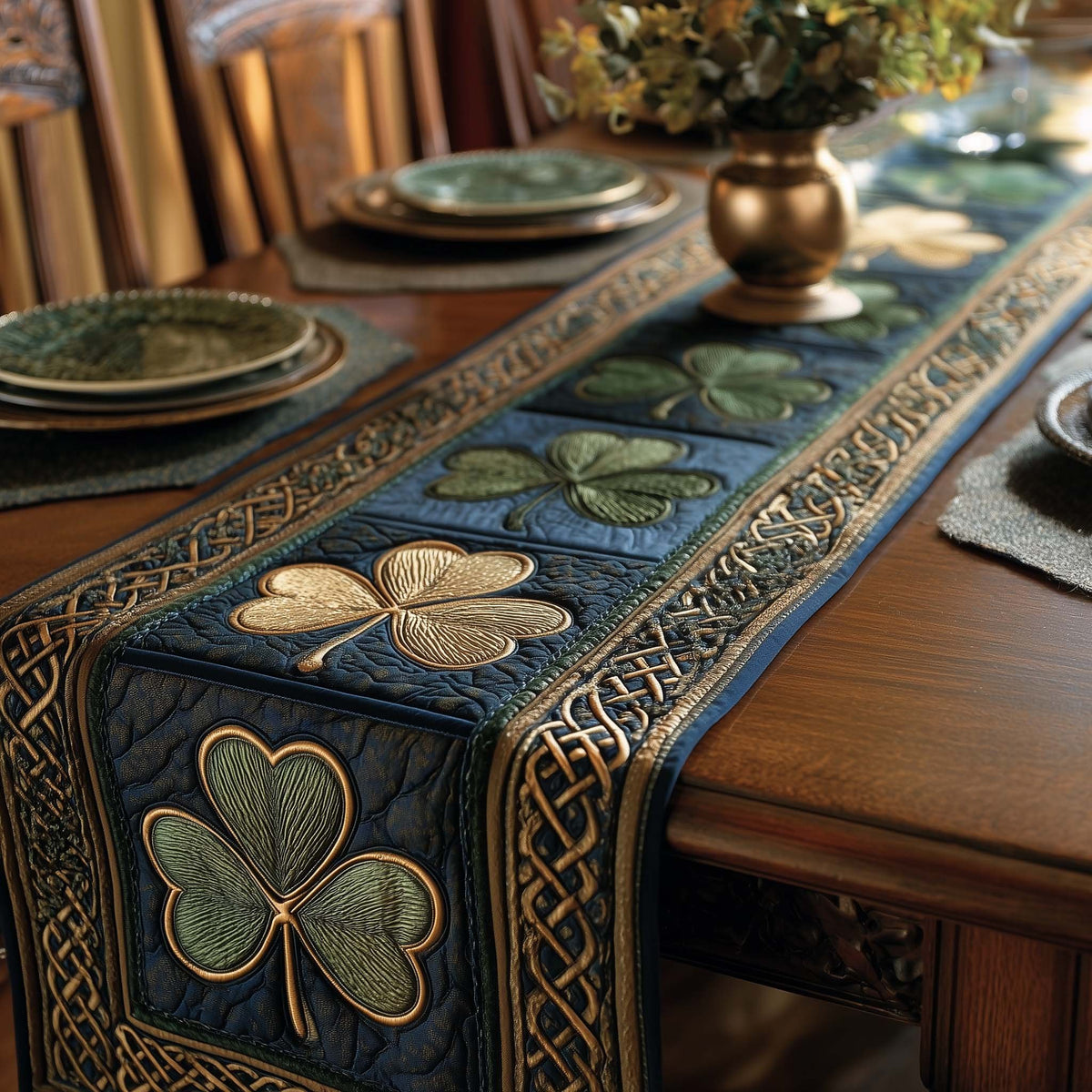 Shamrocks on Teal with Gold Border Table Runner
