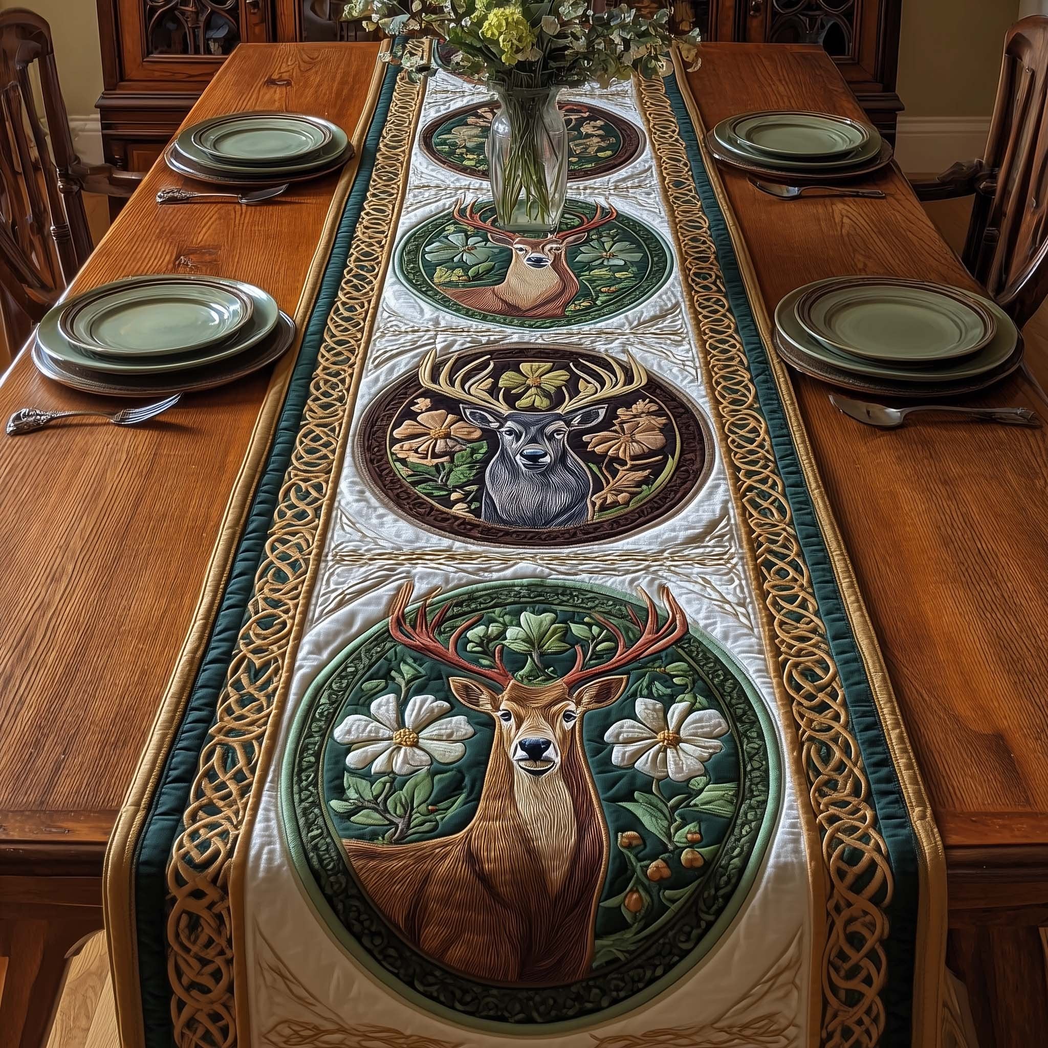 Deer in Oval Medallions with Daisies Table Runner