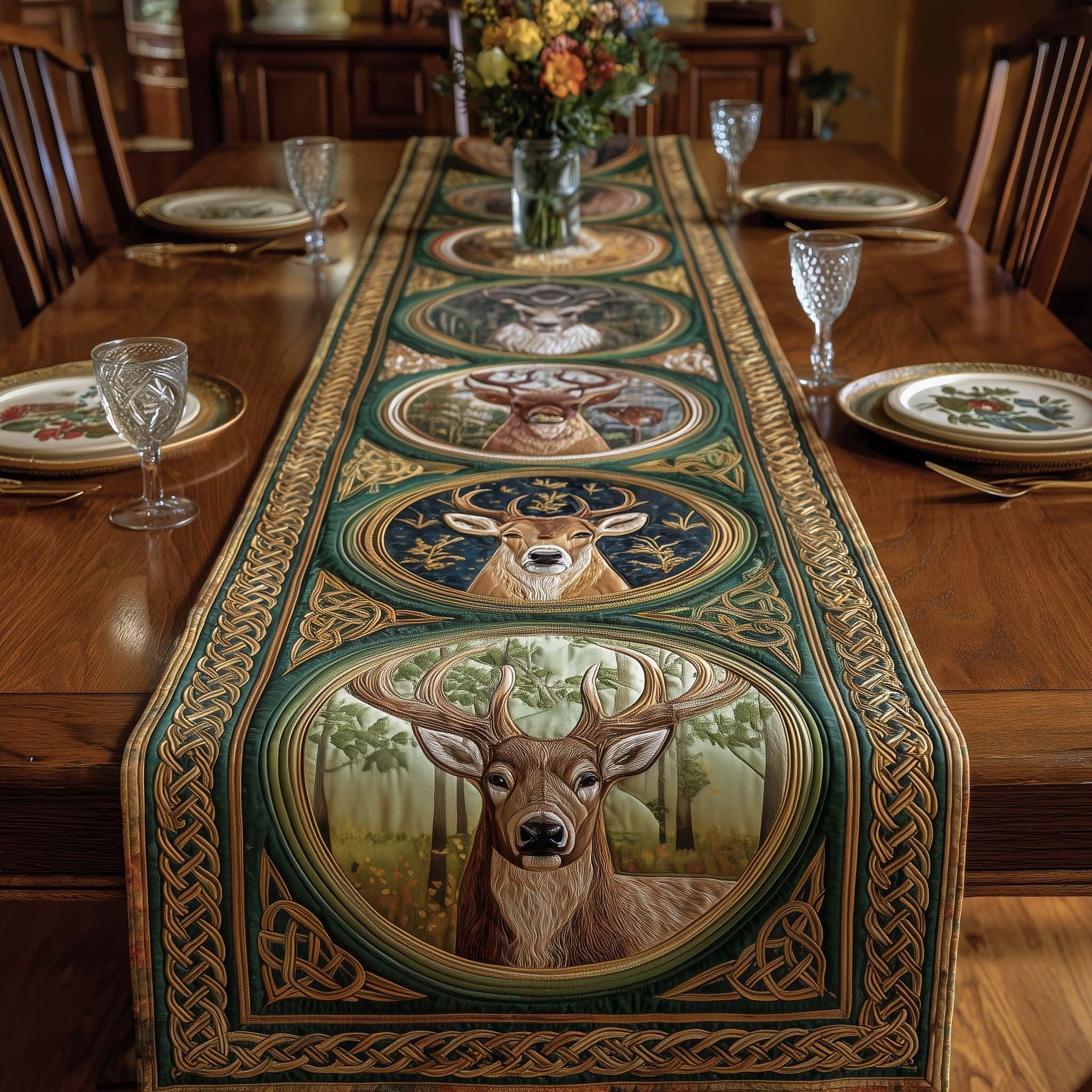 Deer in Green Oval Frames Table Runner