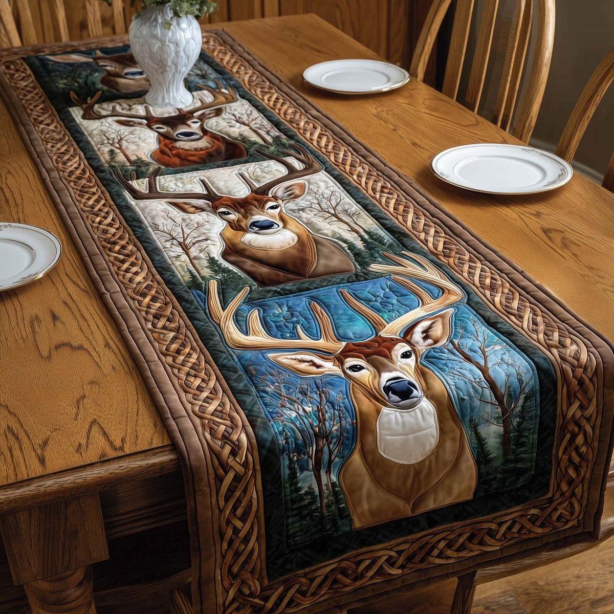Deer Head on Blue Celtic Panel Table Runner