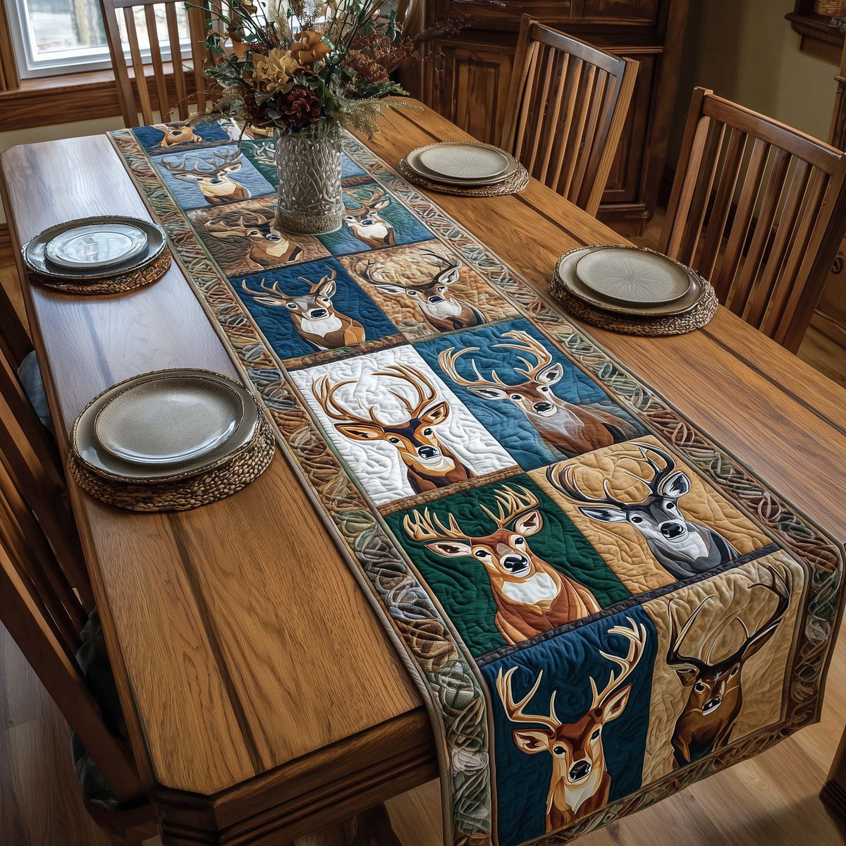 Deer Heads in Blue and Green Blocks Table Runner