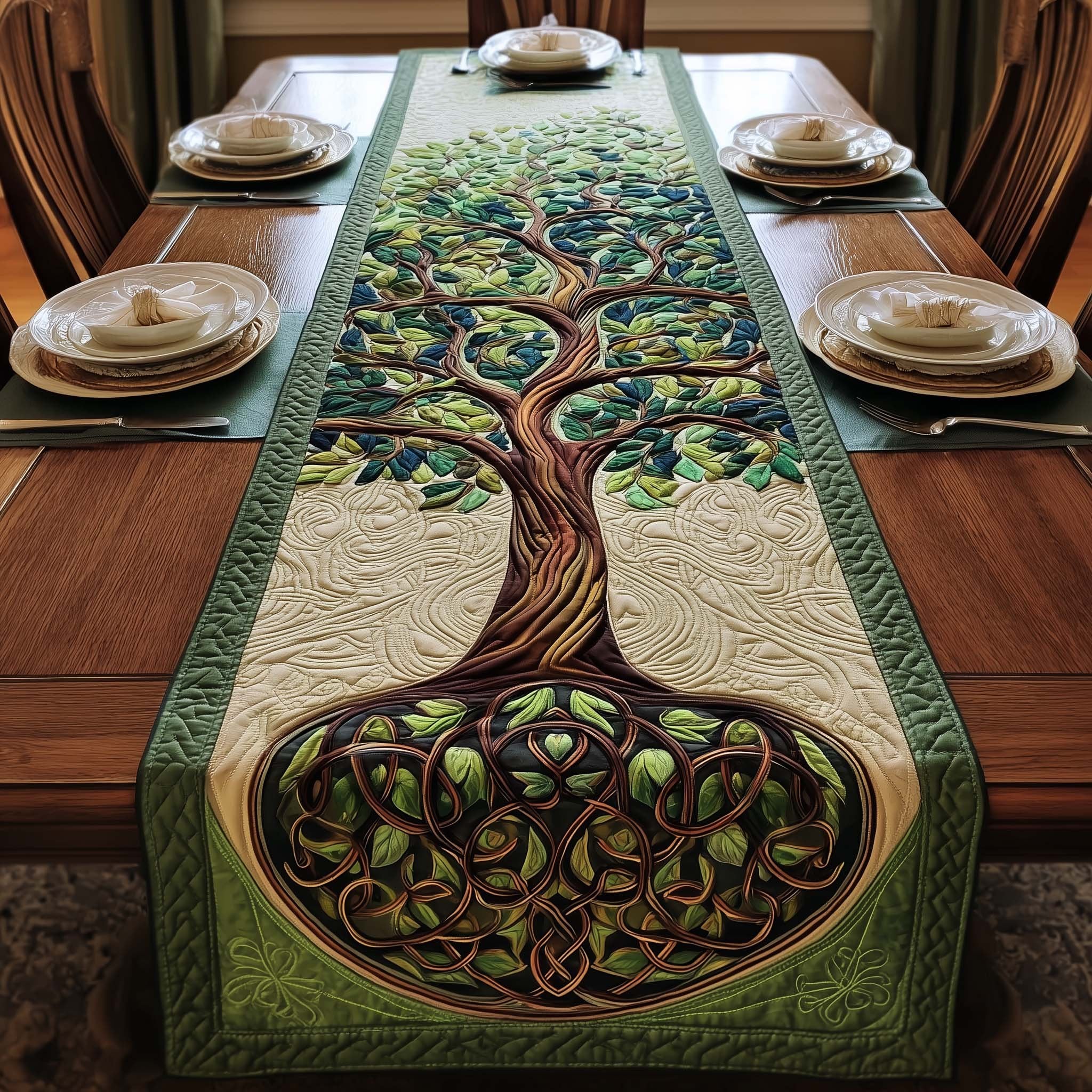 Green Tree with Knotted Roots Table Runner