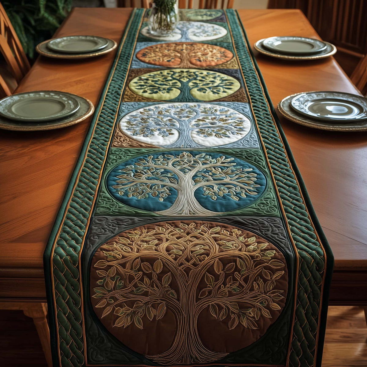 Tree Circles in Green and Blue Table Runner