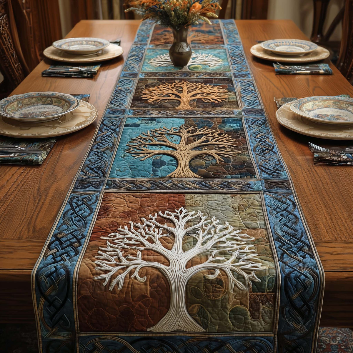 White Tree on Blue and Brown Blocks Table Runner