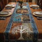 White Tree on Blue and Brown Blocks Table Runner