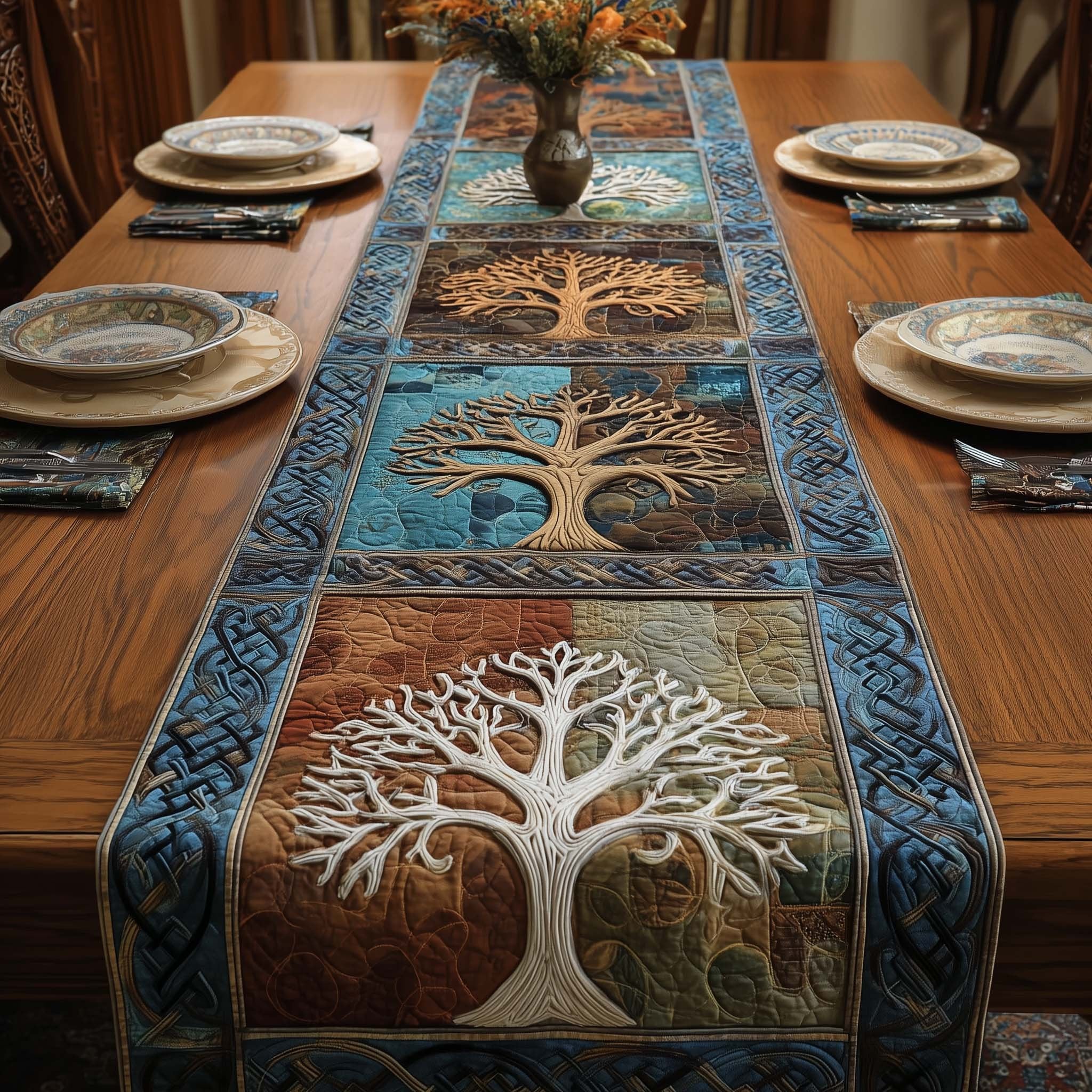 White Tree on Blue and Brown Blocks Table Runner