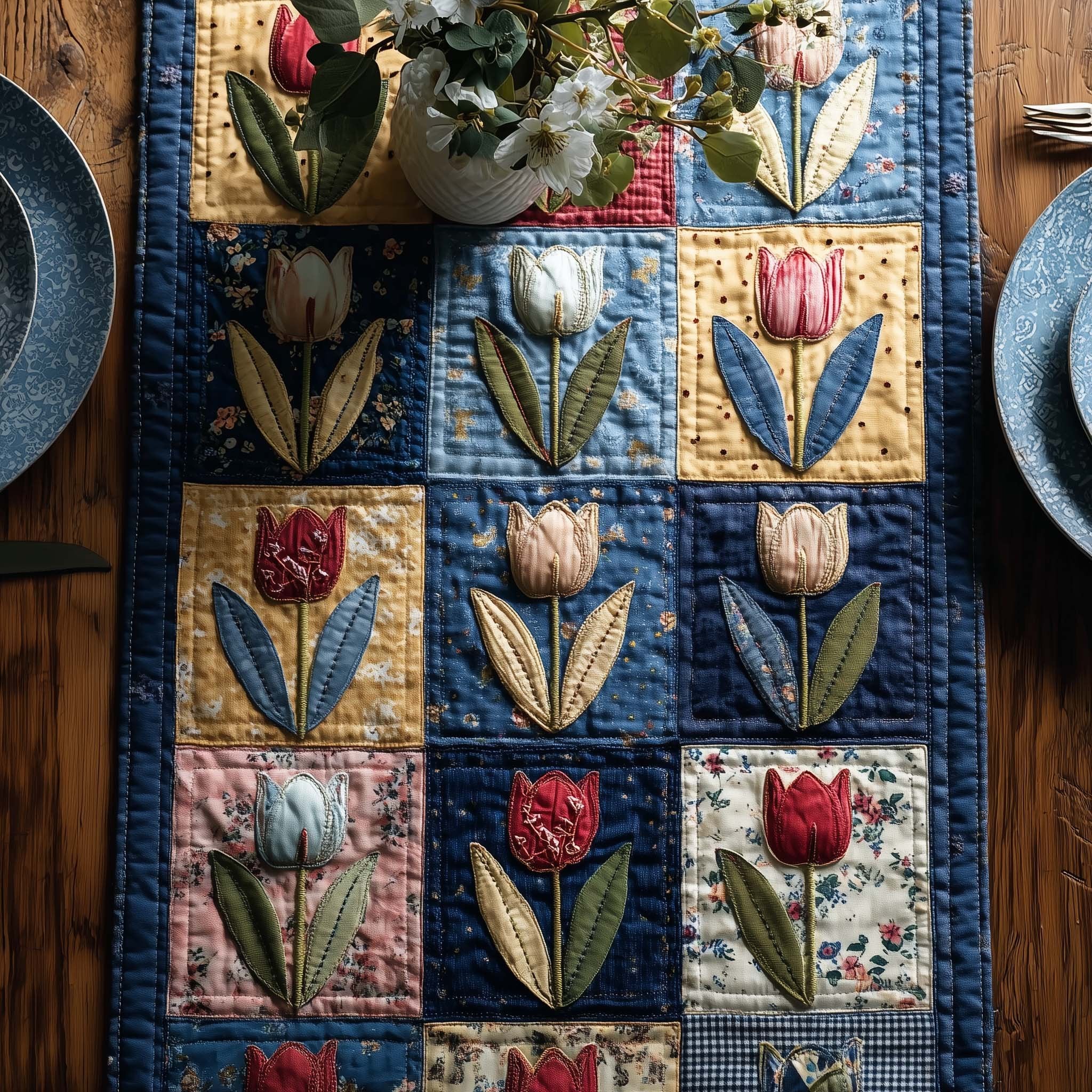 Tulips in Blue Quilt Blocks Table Runner