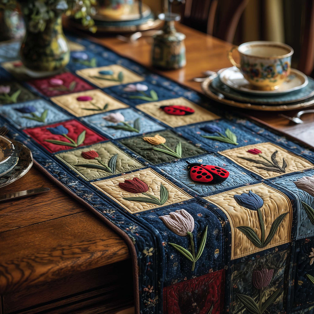 Tulips in Navy Blocks with Ladybugs Table Runner
