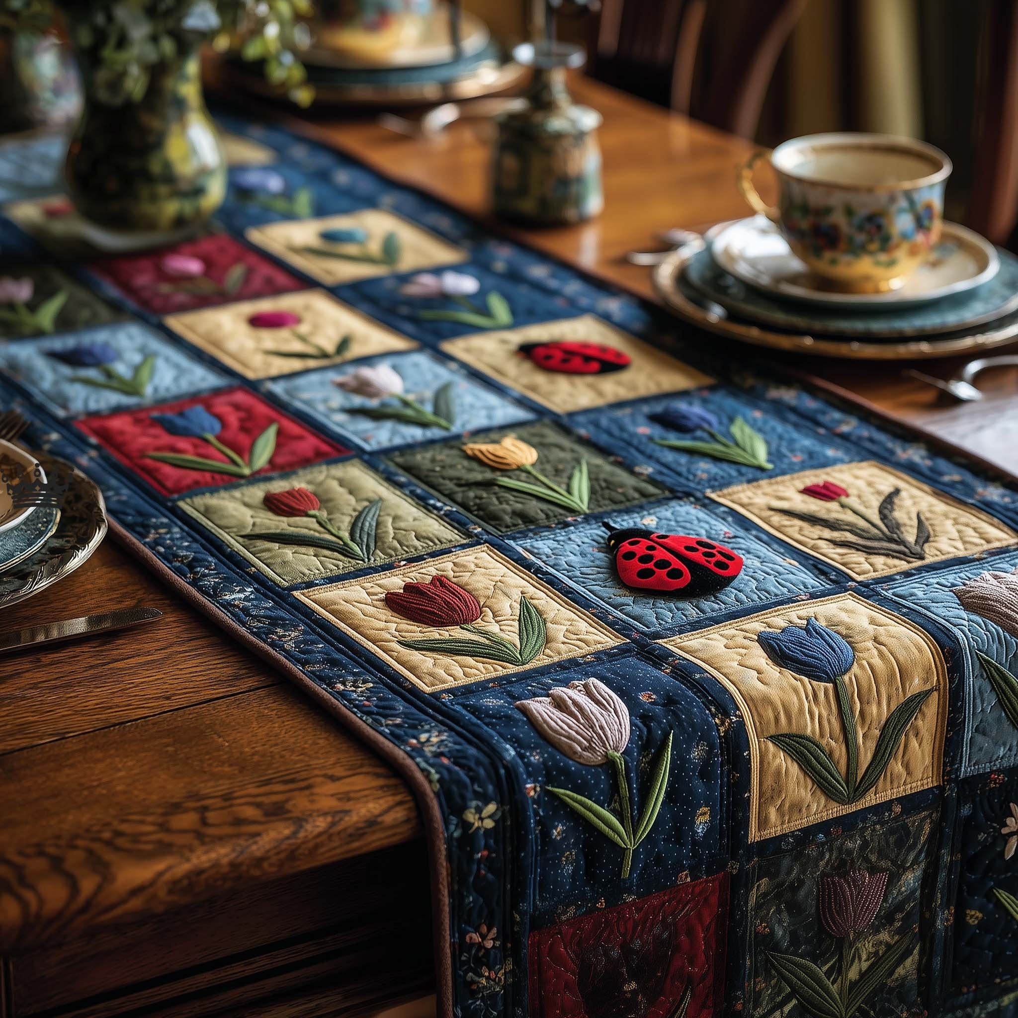 Tulips in Navy Blocks with Ladybugs Table Runner