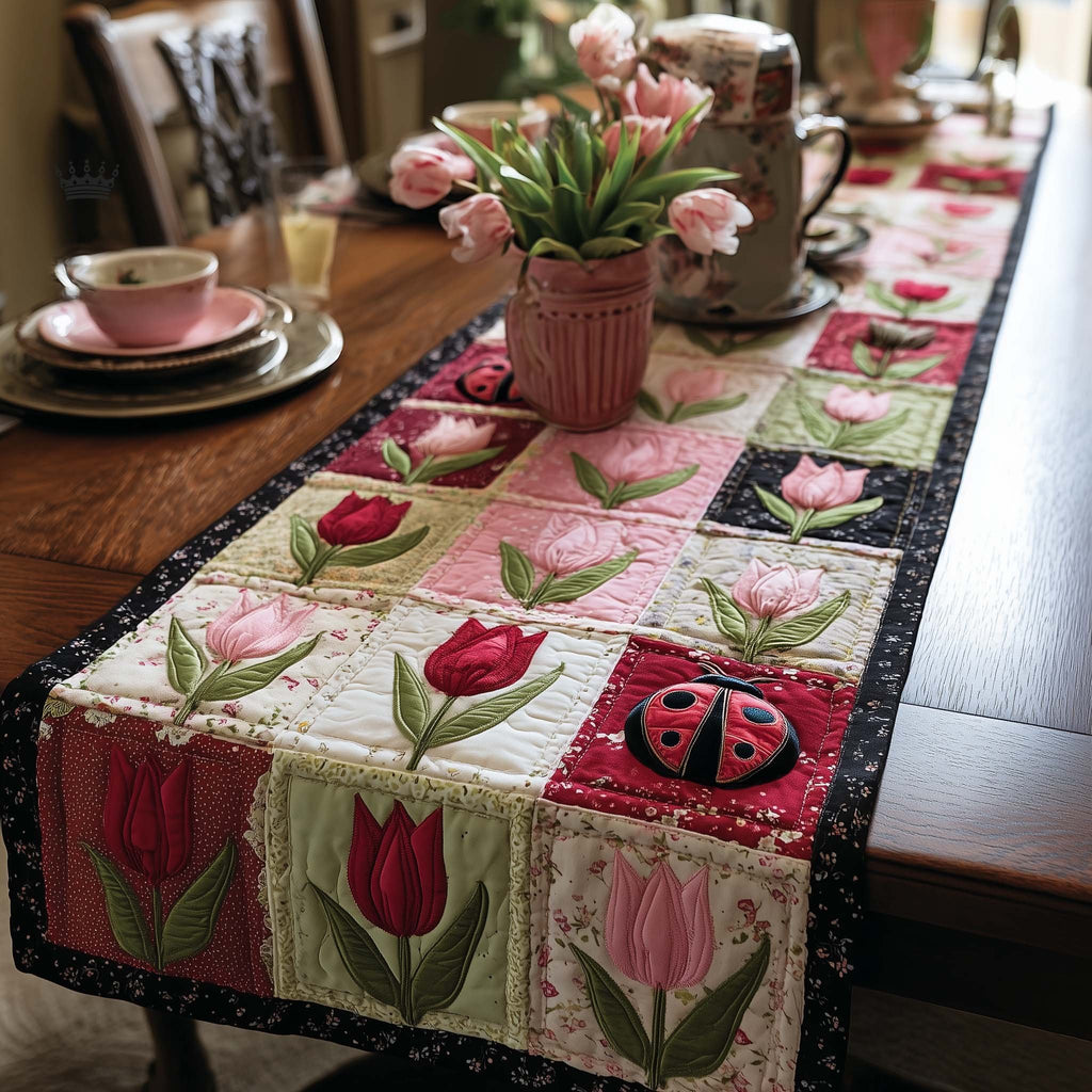 Tulips and Ladybugs on Pink Patchwork Table Runner