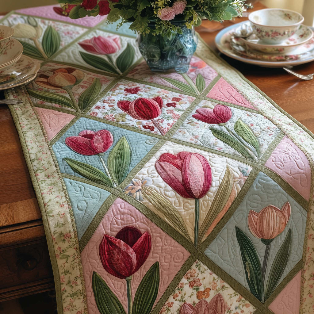 Pink Tulips in Ivory Squares Table Runner