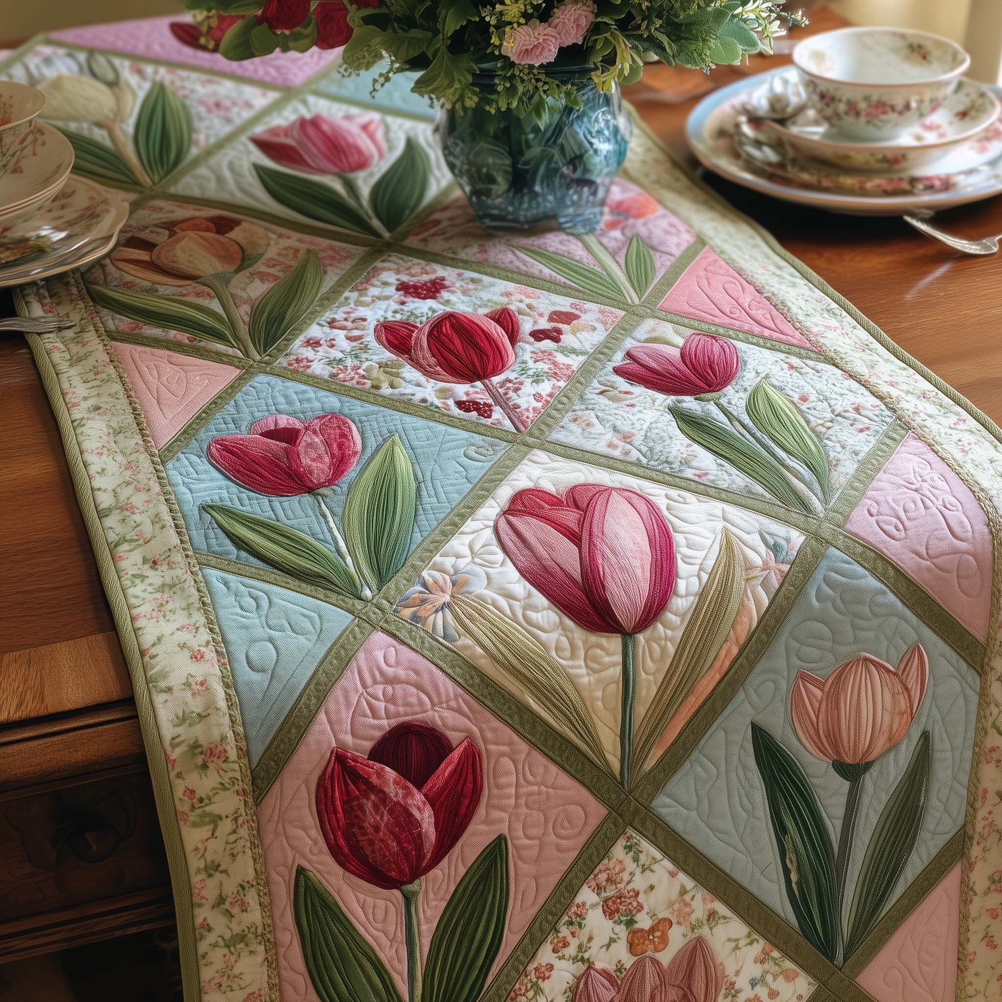 Pink Tulips in Ivory Squares Table Runner
