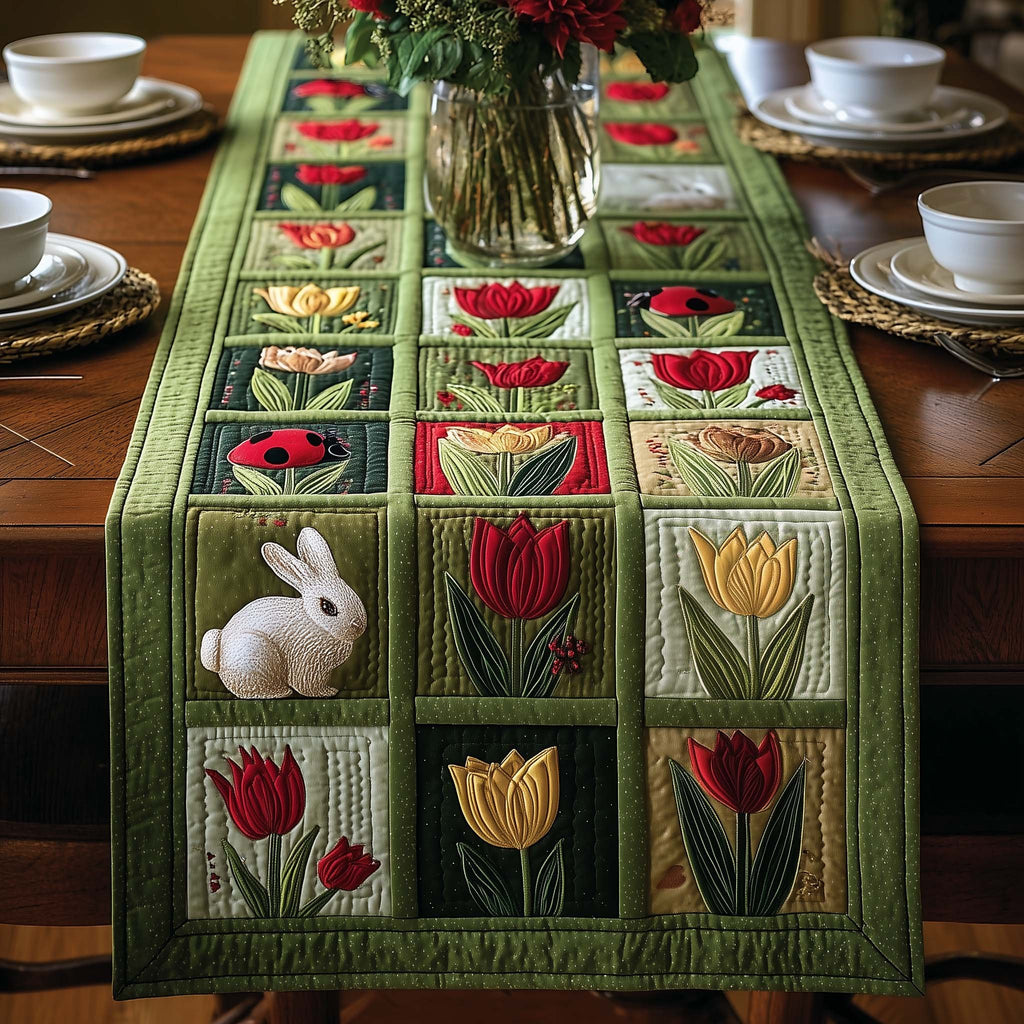Tulips in Green Blocks with Bunny Table Runner