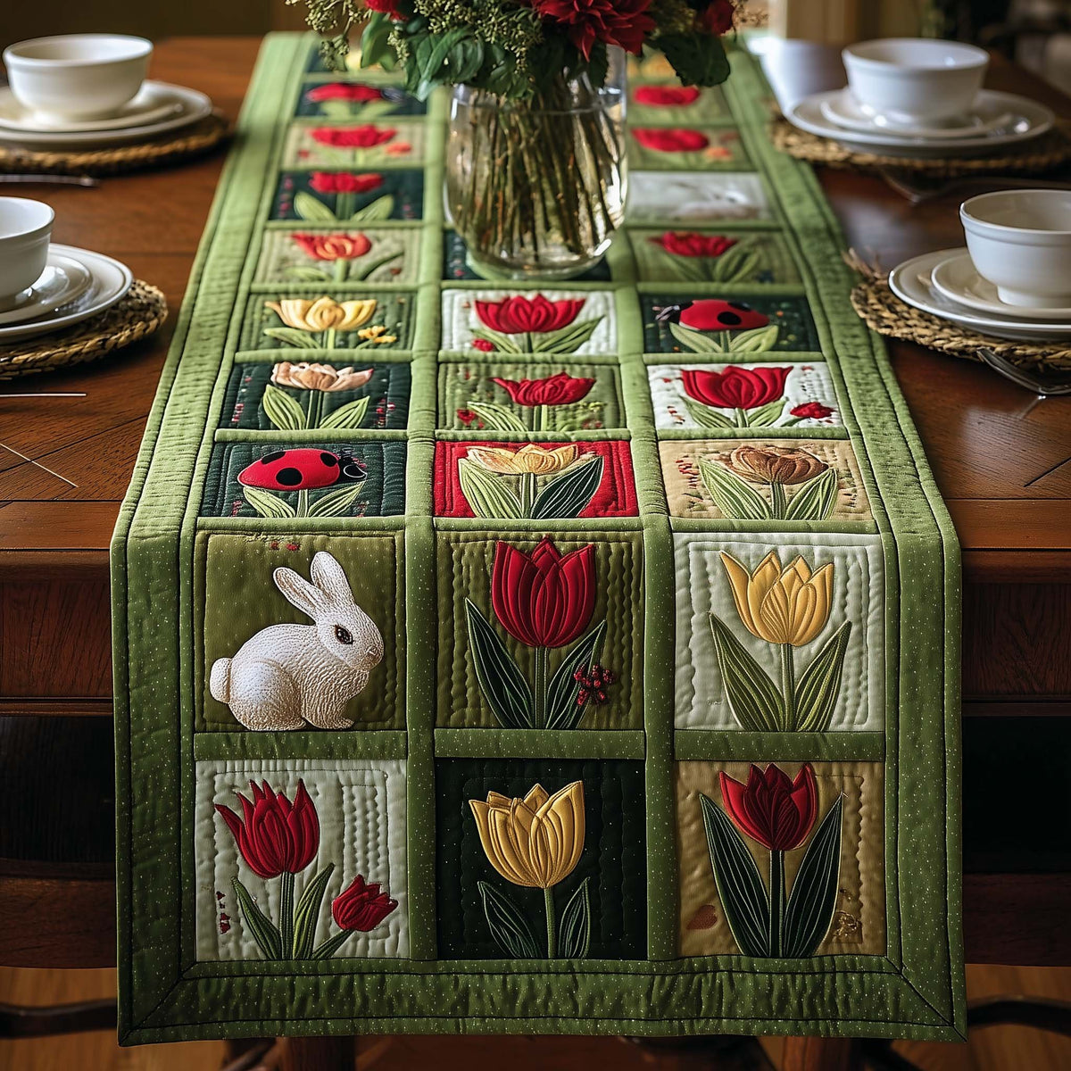 Tulips in Green Blocks with Bunny Table Runner