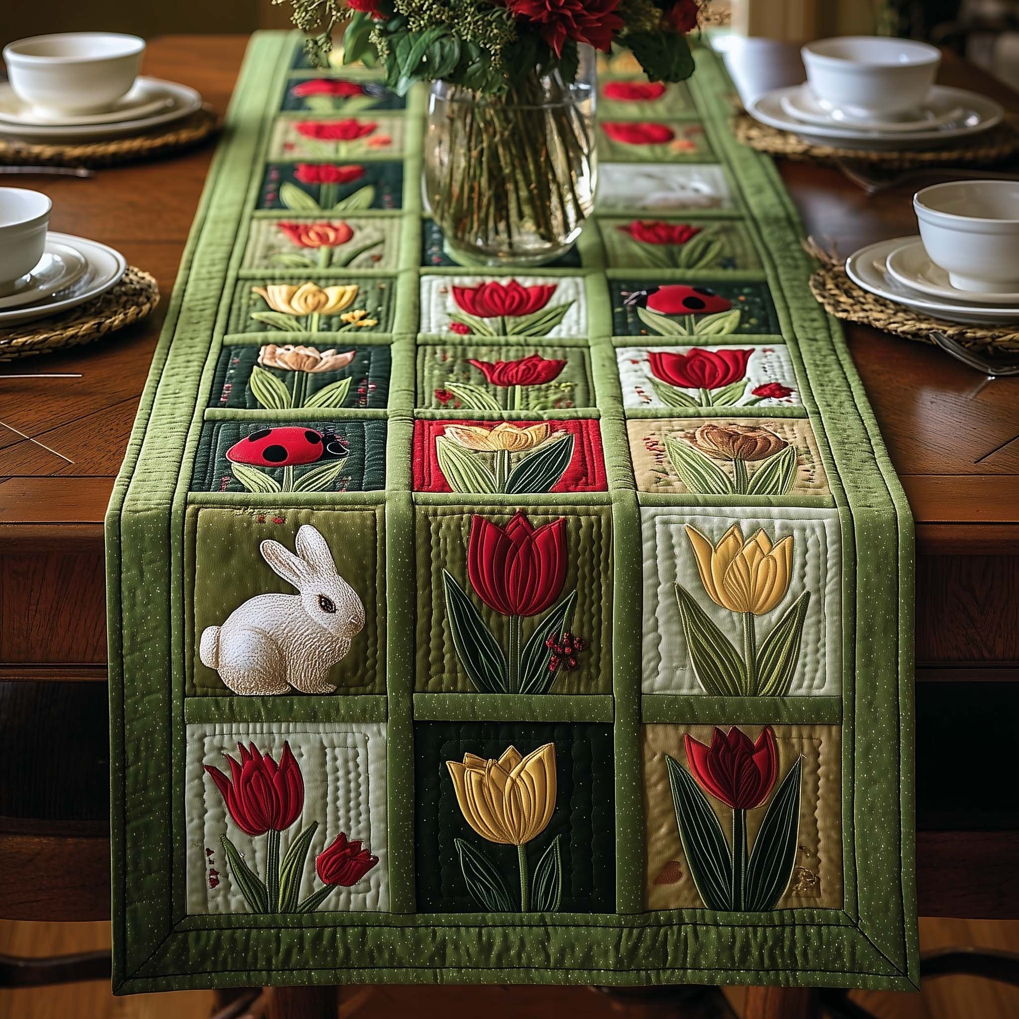 Tulips in Green Blocks with Bunny Table Runner
