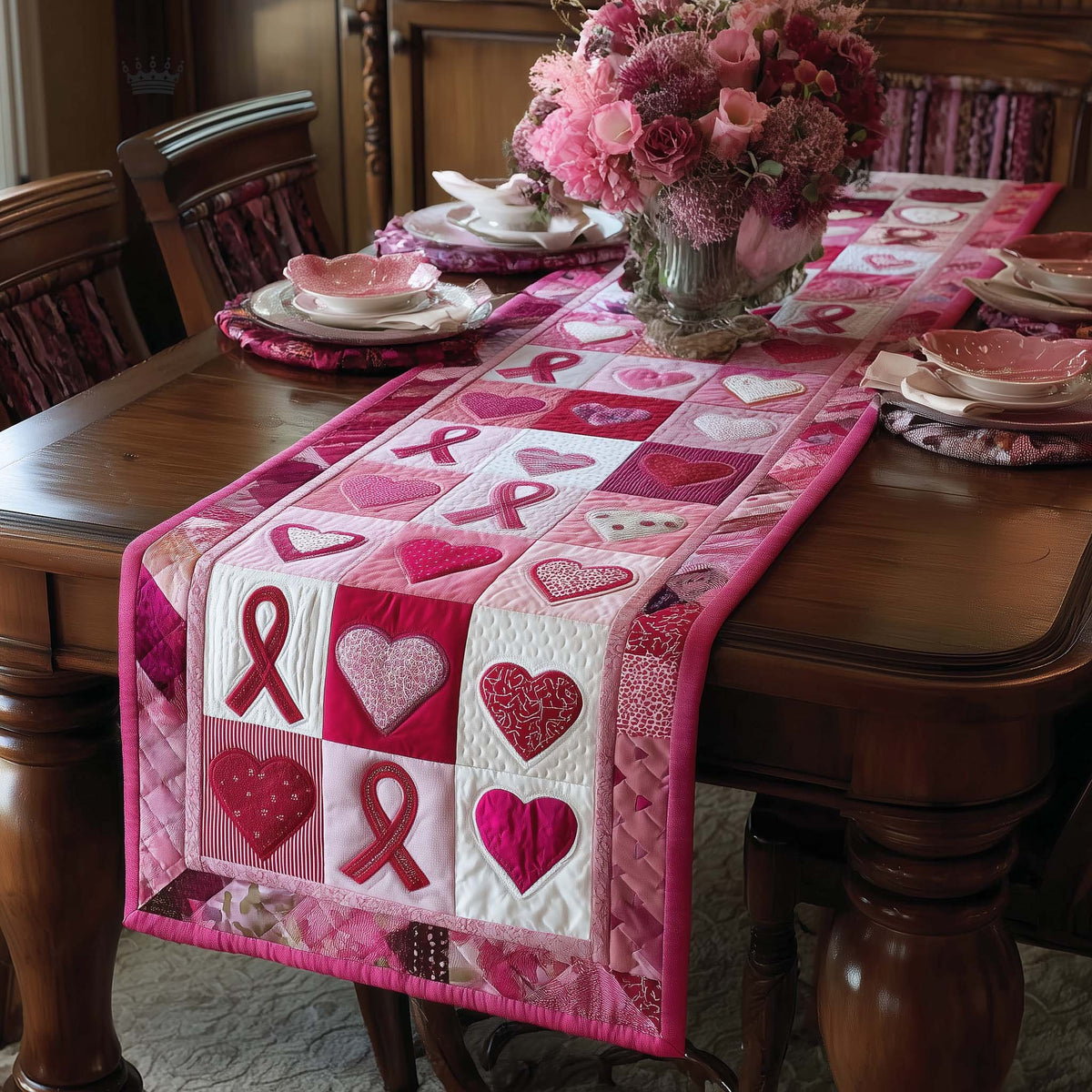 Pink Ribbons and Hearts Table Runner