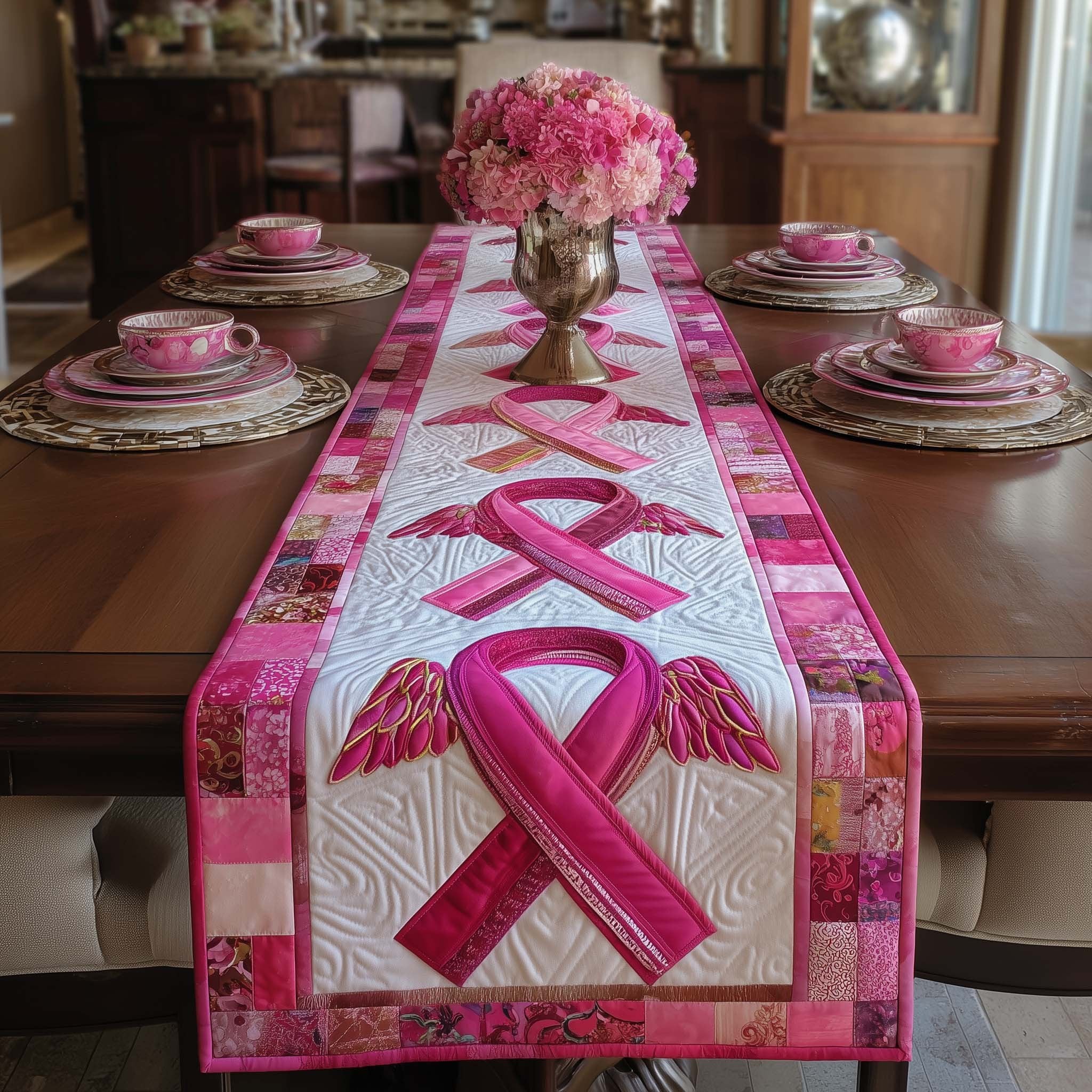 Pink Ribbon with Angel Wings Table Runner
