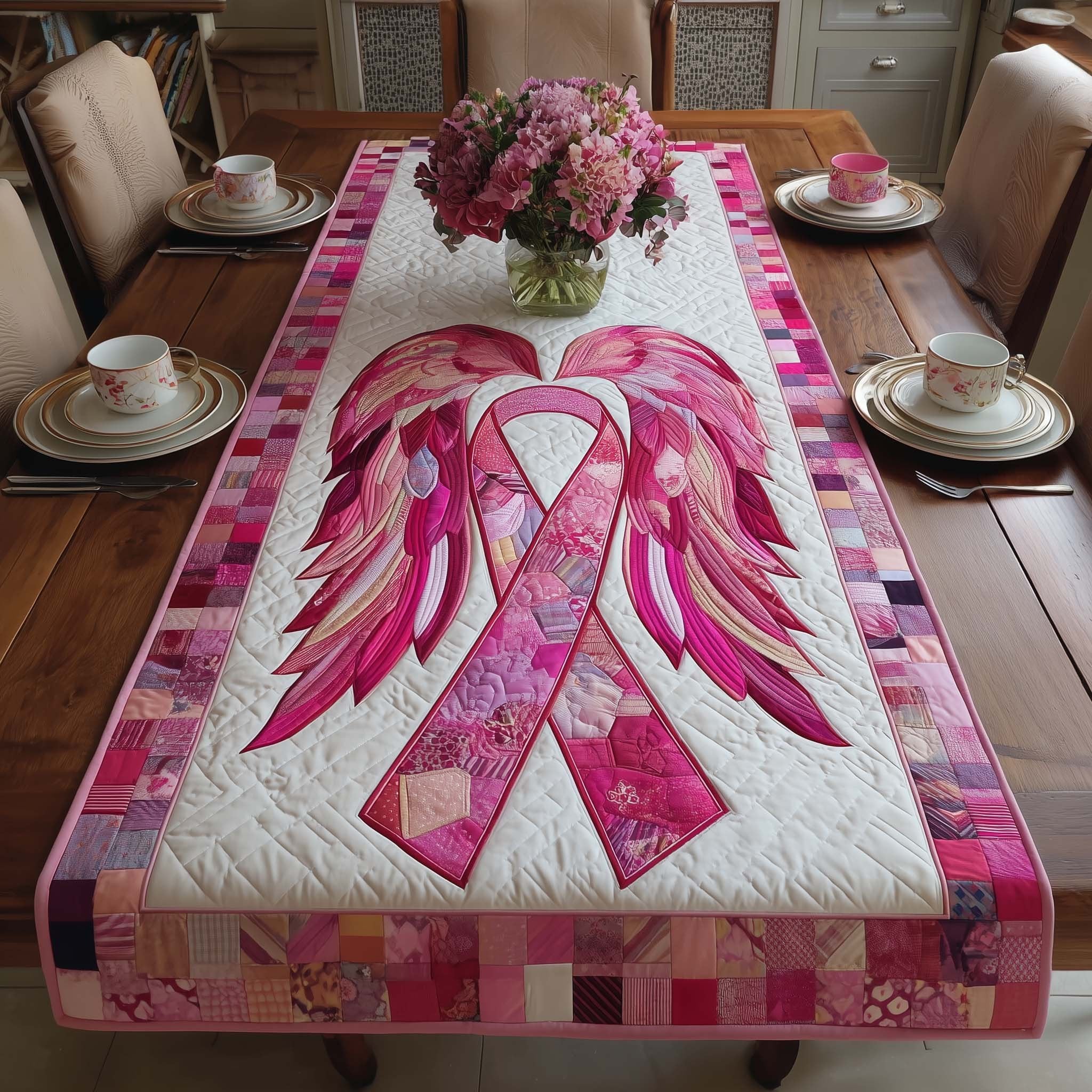 Pink Ribbon and Feather Wings Table Runner